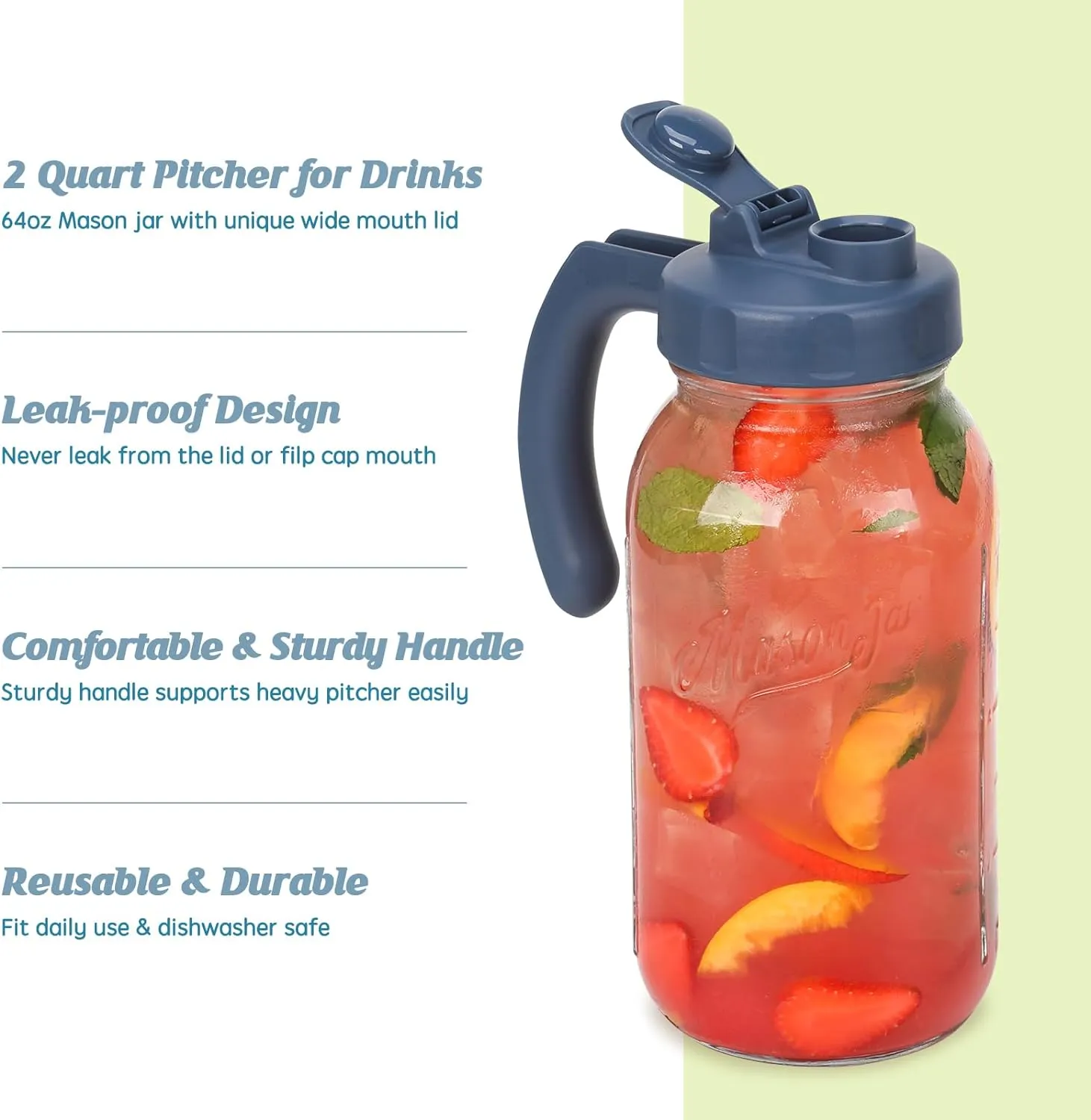 Soligt Glass Mason Jar Pitcher with Lid, Wide Mouth Flip Cap Pour Spout Leak-proof Lid with Handle, 64 oz (2 Quart / 1.9 Liter), for Sun Tea/Iced Tea/Juice/Cold Brew Coffee/Milk
