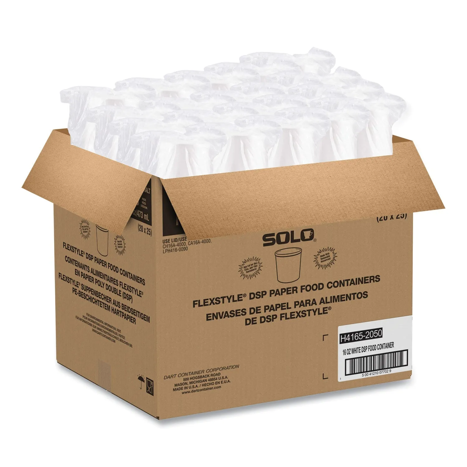 SOLO® Flexstyle Double Poly Paper Containers, 16 oz, White, Paper, 25/Pack, 20 Packs/Carton