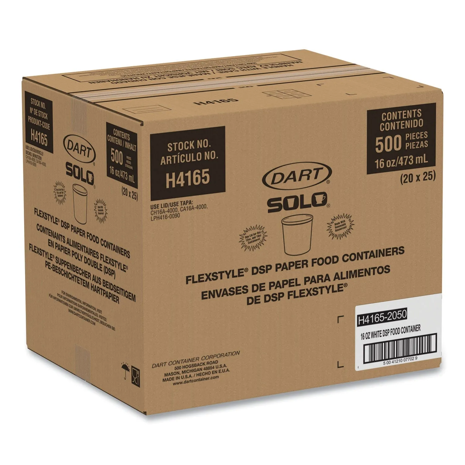 SOLO® Flexstyle Double Poly Paper Containers, 16 oz, White, Paper, 25/Pack, 20 Packs/Carton
