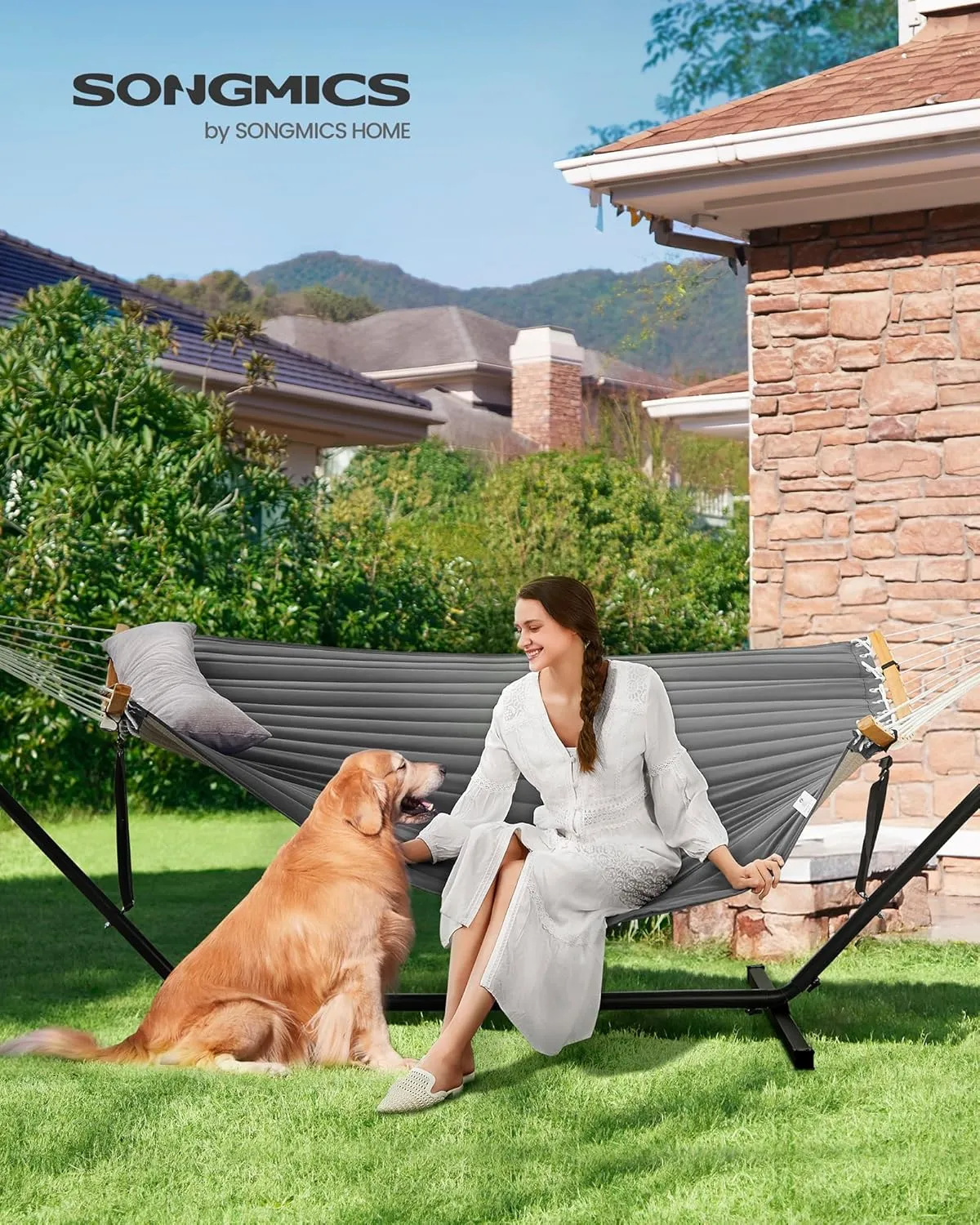 SONGMICS Hammock with Stand, Quilted Hammock with Curved Bamboo Spreaders, Pillow, 78.7 x 55.1 Inches, Portable Padded Hammock Holds up to 440 lb, Black and Gray UGHS002G01