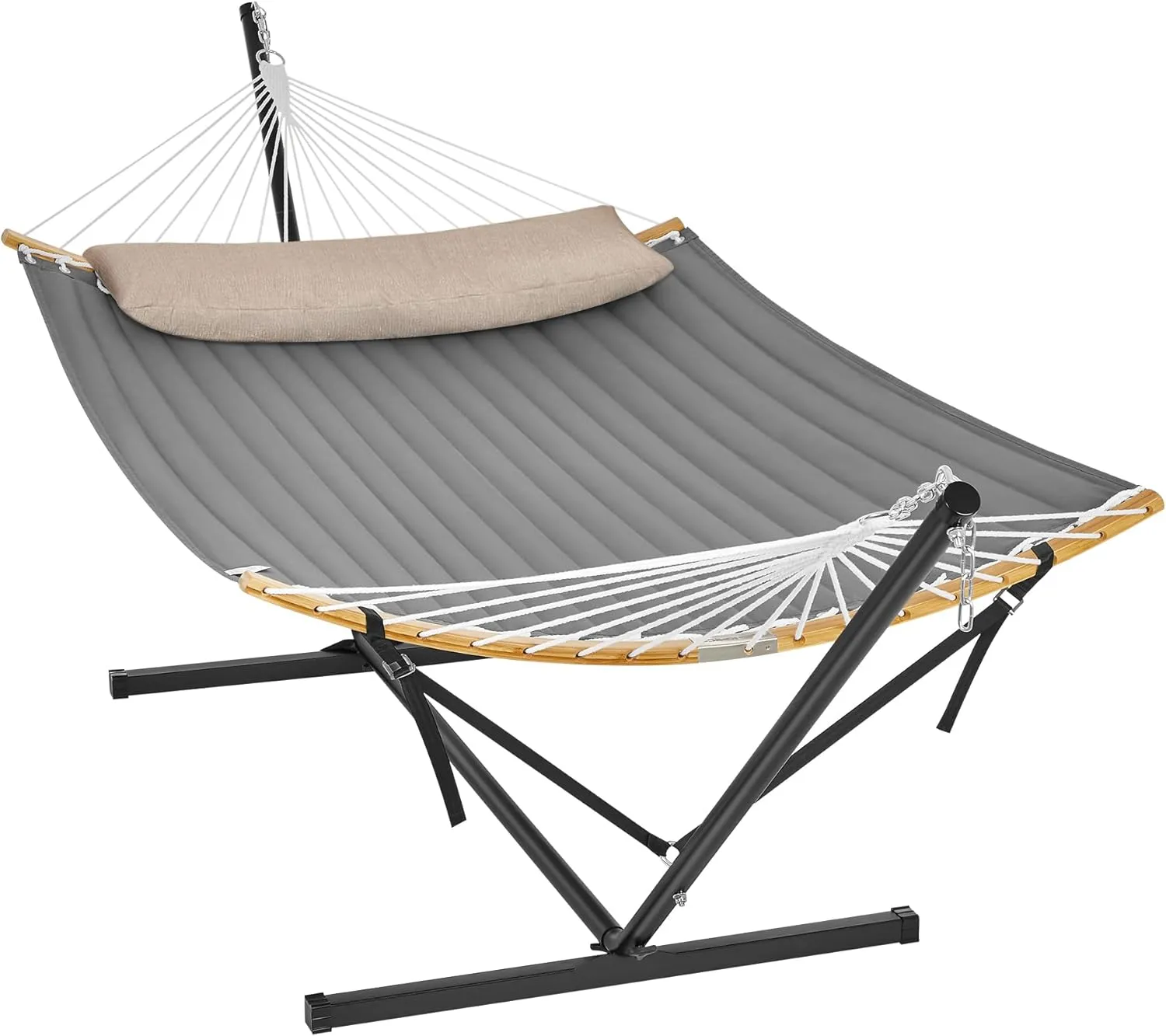 SONGMICS Hammock with Stand, Quilted Hammock with Curved Bamboo Spreaders, Pillow, 78.7 x 55.1 Inches, Portable Padded Hammock Holds up to 440 lb, Black and Gray UGHS002G01