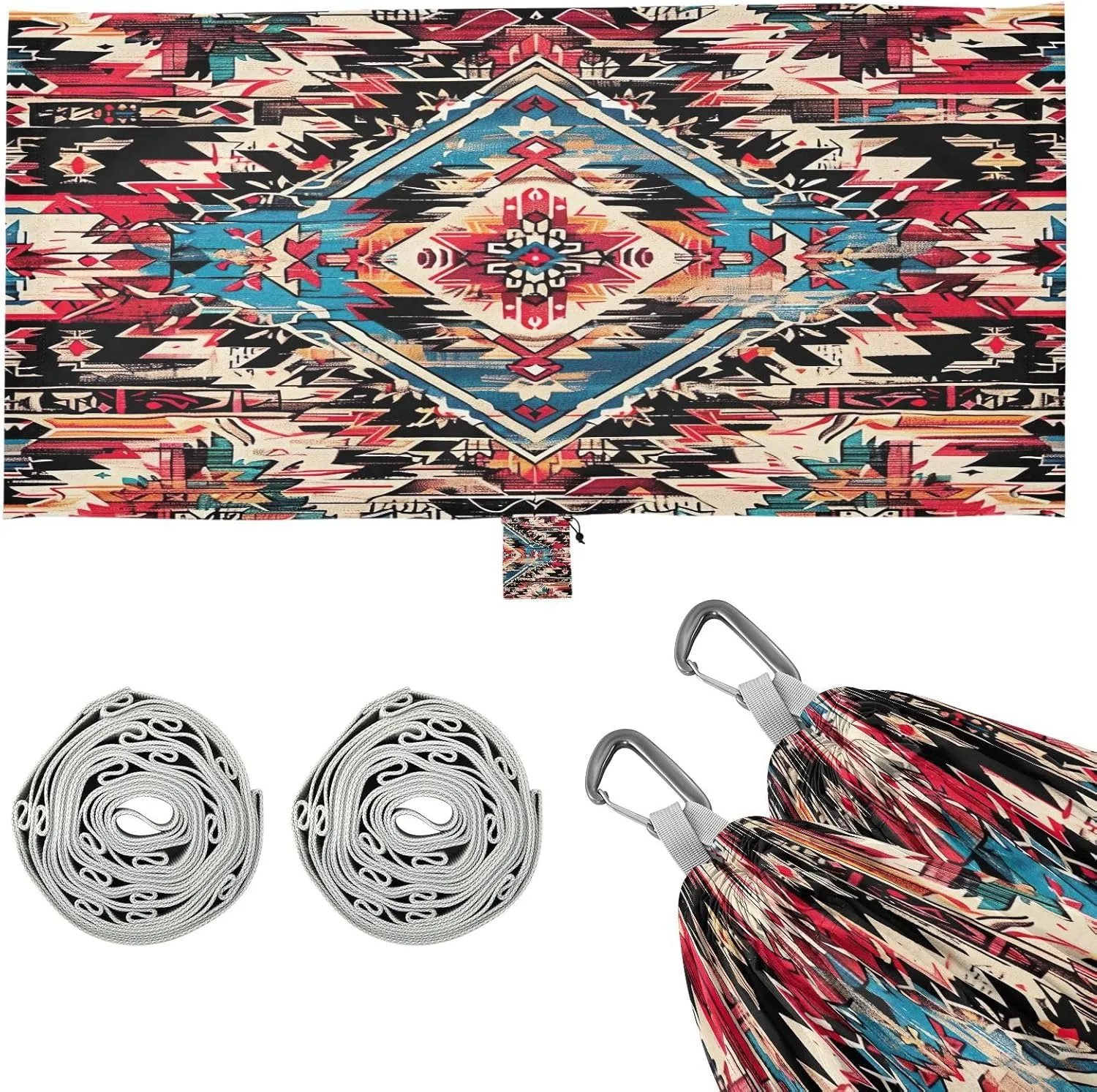 Southwestern Navajo Tribal Camping Hammock, 330 lbs with 2 Tree Straps, Carry Bag, Single Portable Hammock for Outdoor/Indoor, Hiking, Beach, Backpacking, Travel
