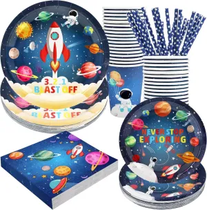 Space Birthday Party Supplies Decorations, Outer Space Theme Paper Plates and Napkins Set for 24 Guests, 120 Pcs Disposable Galaxy Party Dessert Dinnerware