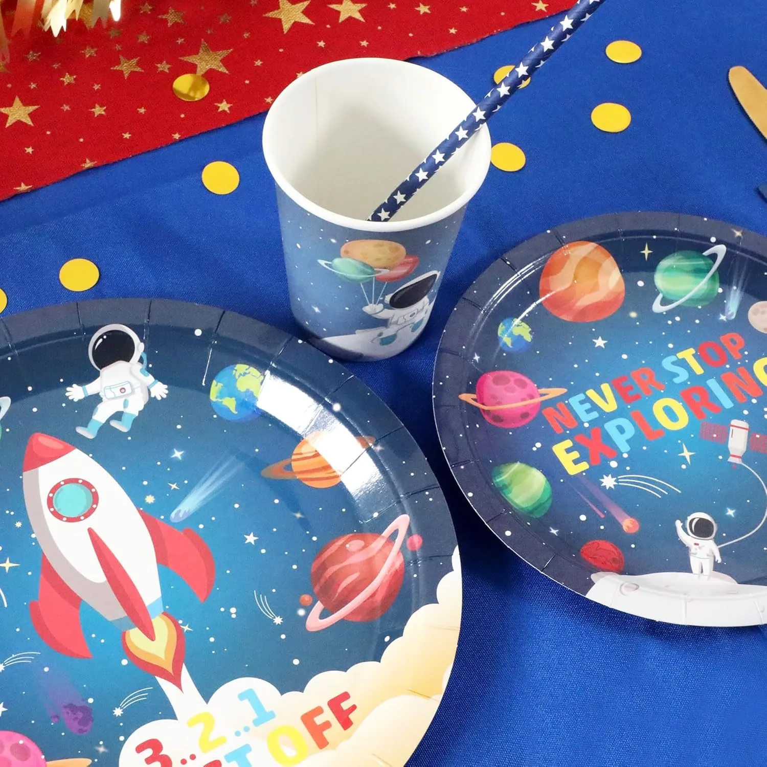 Space Birthday Party Supplies Decorations, Outer Space Theme Paper Plates and Napkins Set for 24 Guests, 120 Pcs Disposable Galaxy Party Dessert Dinnerware