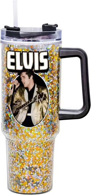 Spoontiques Elvis 40oz Glitter Acrylic Travel Mug - Double Wall Acrylic with Sliding Lock Travel Lid and Straw - 11" Tall
