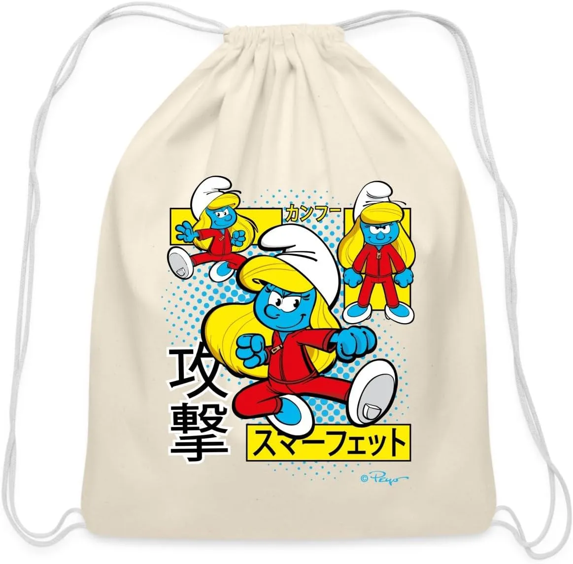 Spreadshirt The Smurfs Japanese Action Smurfette - Dynamic Poses Design Cotton Drawstring Bag, One Size, natural