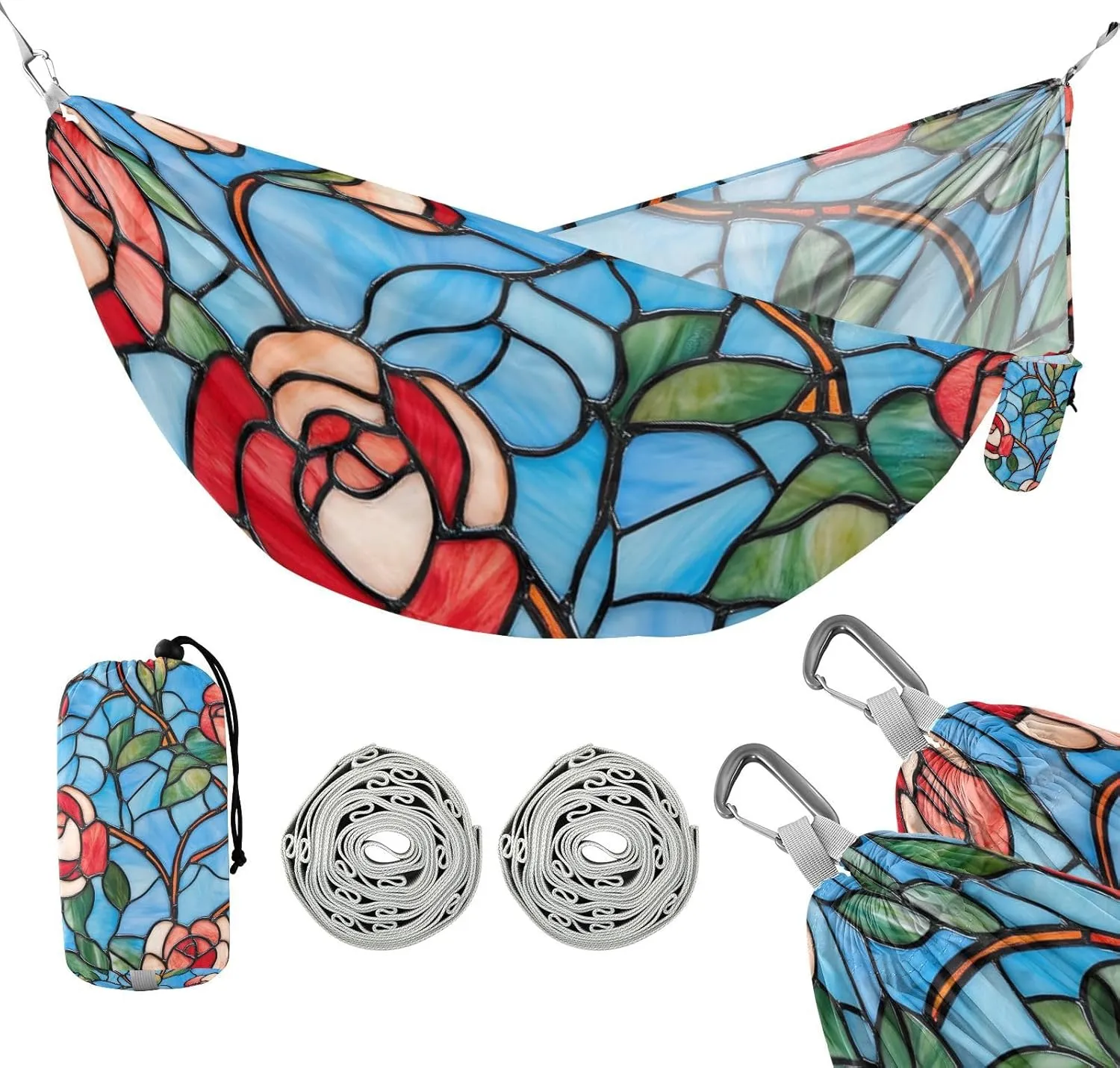Stained Glass Blooming Rose Floral 330lb Capacity Outdoor Hammocks with Portabl Carry Bag Fabric Hammock for Camping & Hiking Essential hamaca para Camping 0 a 24 Meses