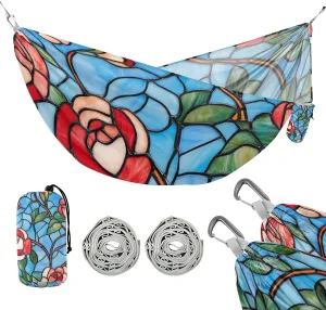 Stained Glass Blooming Rose Floral 330lb Capacity Outdoor Hammocks with Portabl Carry Bag Fabric Hammock for Camping & Hiking Essential hamaca para Camping 0 a 24 Meses
