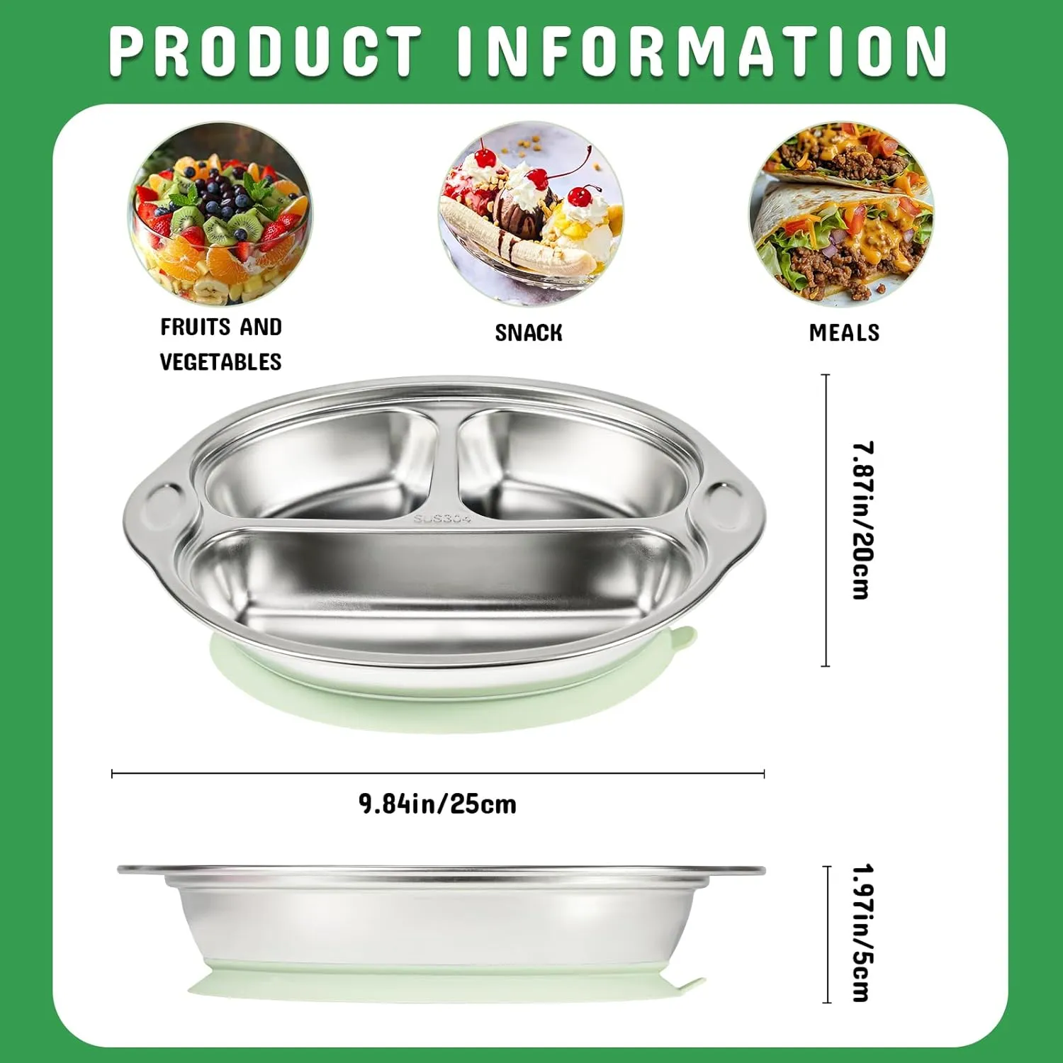 Stainless Steel Baby Suction Plates: Divided Plates for Babies and Toddlers, Made of 100% Food-Grade Materials Ideal for Baby-Led Weaning BPA-Free Toddler Feeding Dishwasher Safe Green