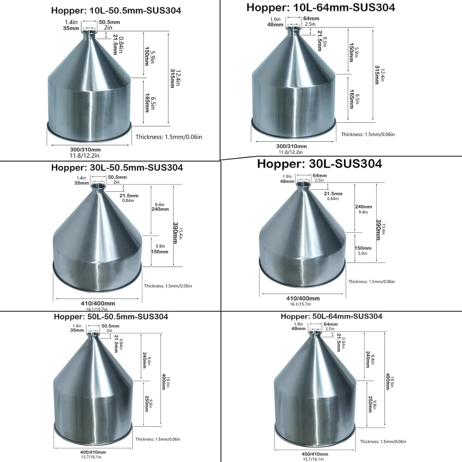 Stainless Steel Liquid Paste Filling Hopper, 304 Grade, 10-50L Capacity, Heavy Duty Funnel Container,10L,50.5mm