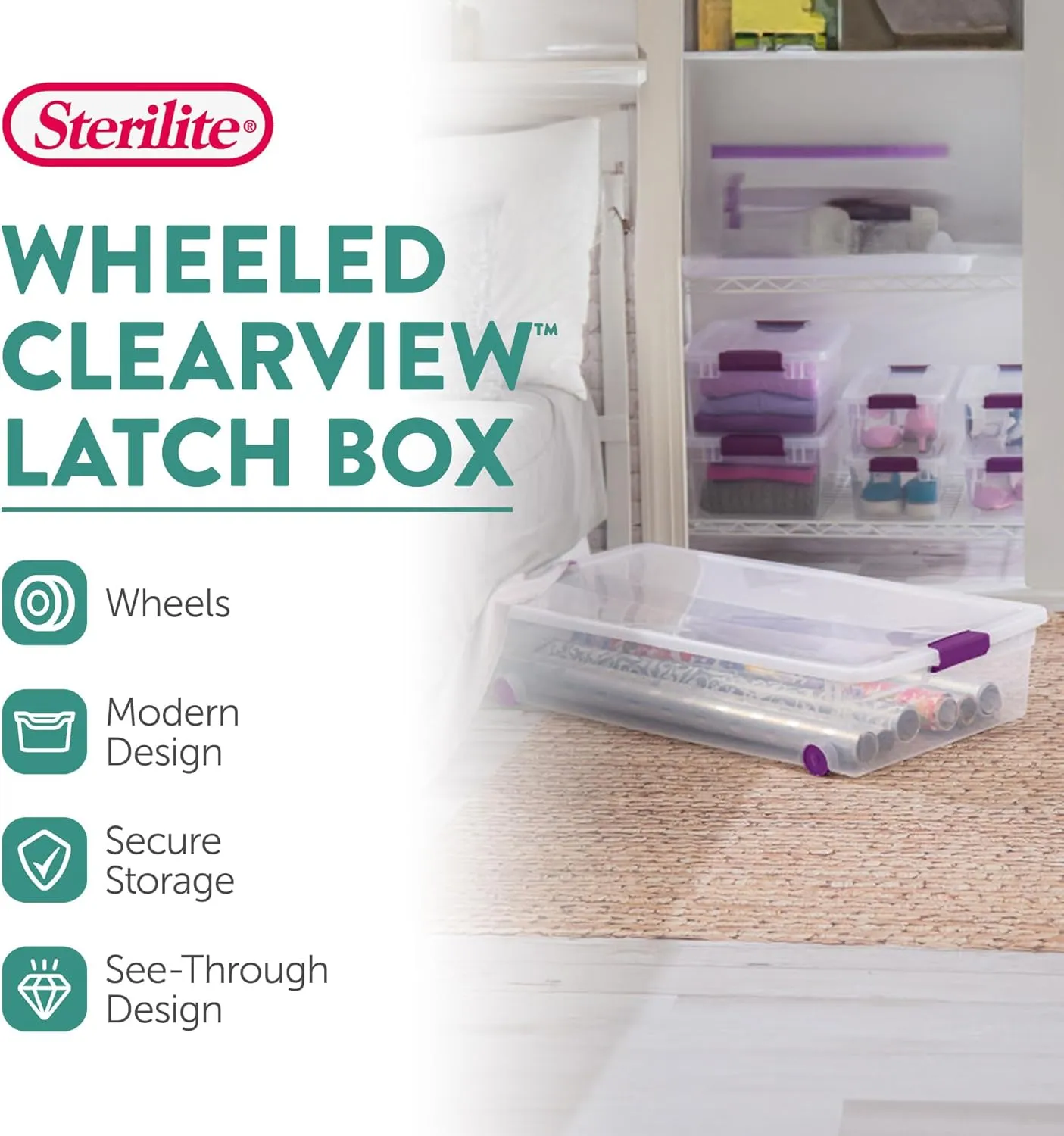 Sterilite 4-Pack ClearView Latch Box, Wheeled Underbed Organizer Bins for Home, 60 Quart