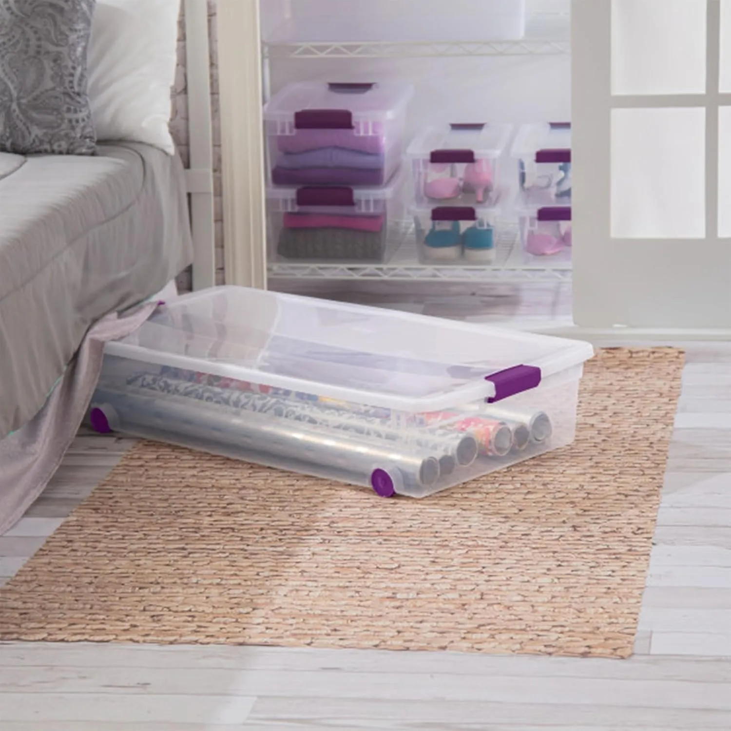 Sterilite 4-Pack ClearView Latch Box, Wheeled Underbed Organizer Bins for Home, 60 Quart