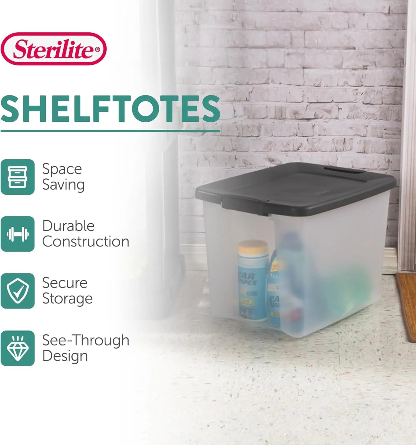 Sterilite 50 Qt ShelfTote, Stackable Storage Bin with Latching Lid, Plastic Container to Organize Closet Shelves, Clear Base and Gray Lid, 6-Pack