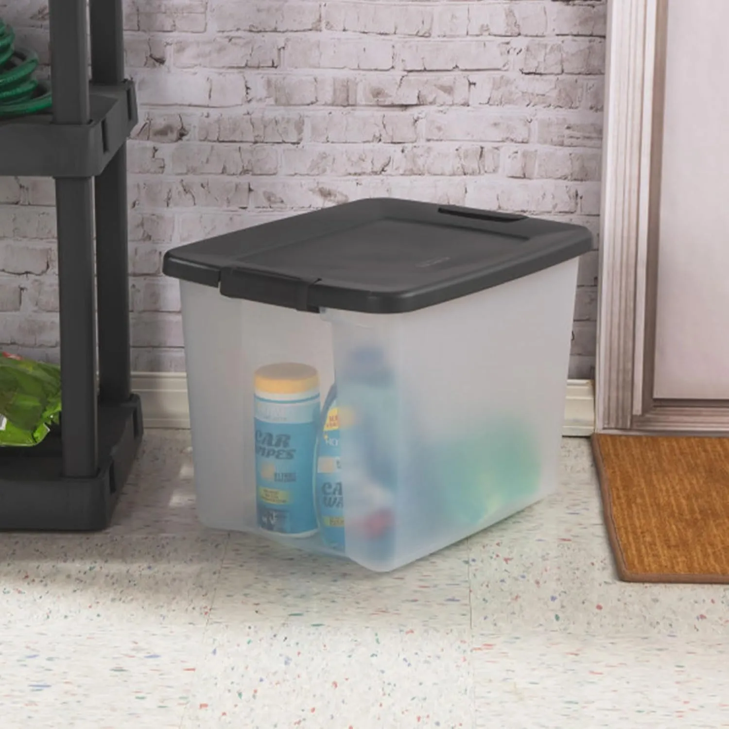 Sterilite 50 Qt ShelfTote, Stackable Storage Bin with Latching Lid, Plastic Container to Organize Closet Shelves, Clear Base and Gray Lid, 6-Pack