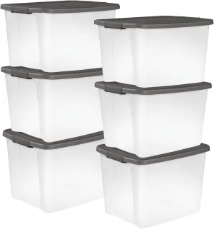 Sterilite 50 Qt ShelfTote, Stackable Storage Bin with Latching Lid, Plastic Container to Organize Closet Shelves, Clear Base and Gray Lid, 6-Pack