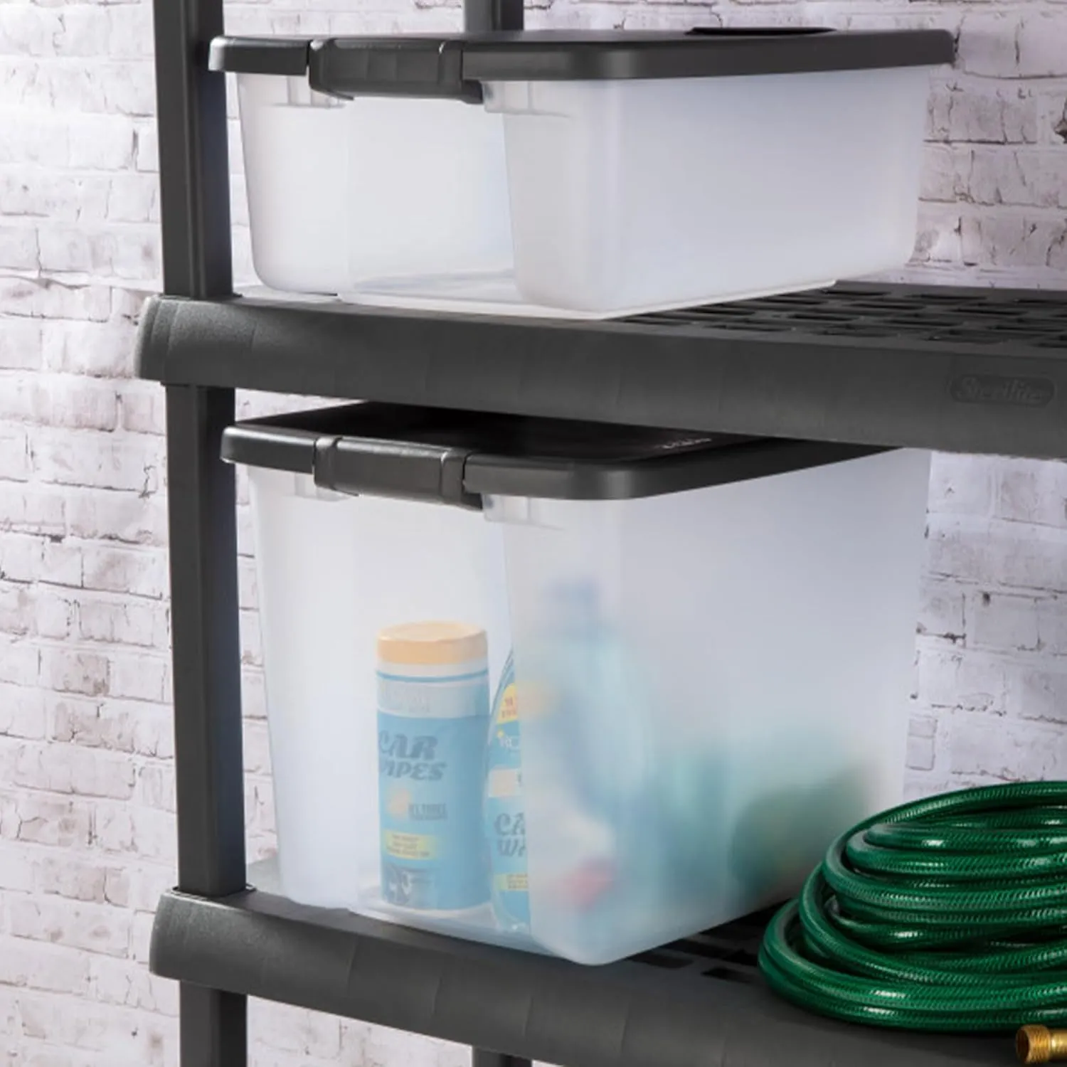 Sterilite 50 Qt ShelfTote, Stackable Storage Bin with Latching Lid, Plastic Container to Organize Closet Shelves, Clear Base and Gray Lid, 6-Pack