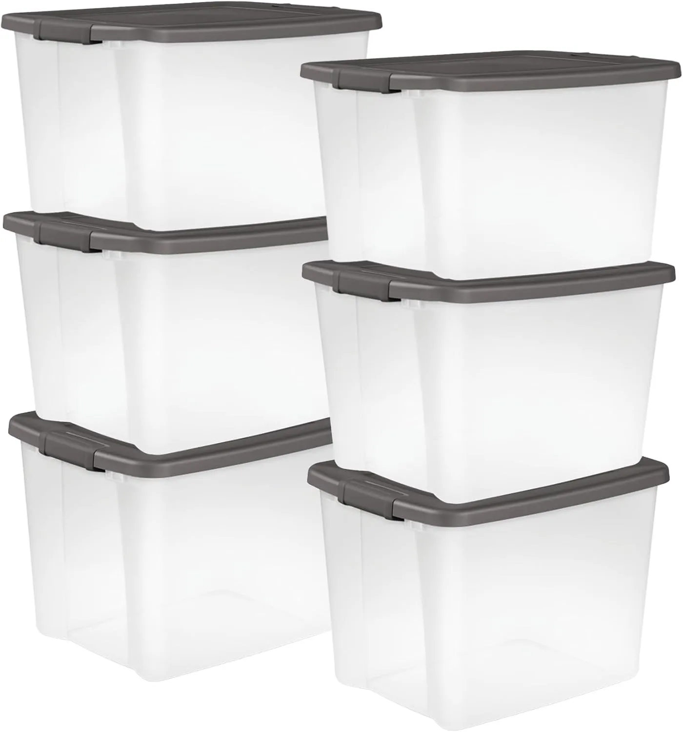 Sterilite 50 Qt ShelfTote, Stackable Storage Bin with Latching Lid, Plastic Container to Organize Closet Shelves, Clear Base and Gray Lid, 6-Pack