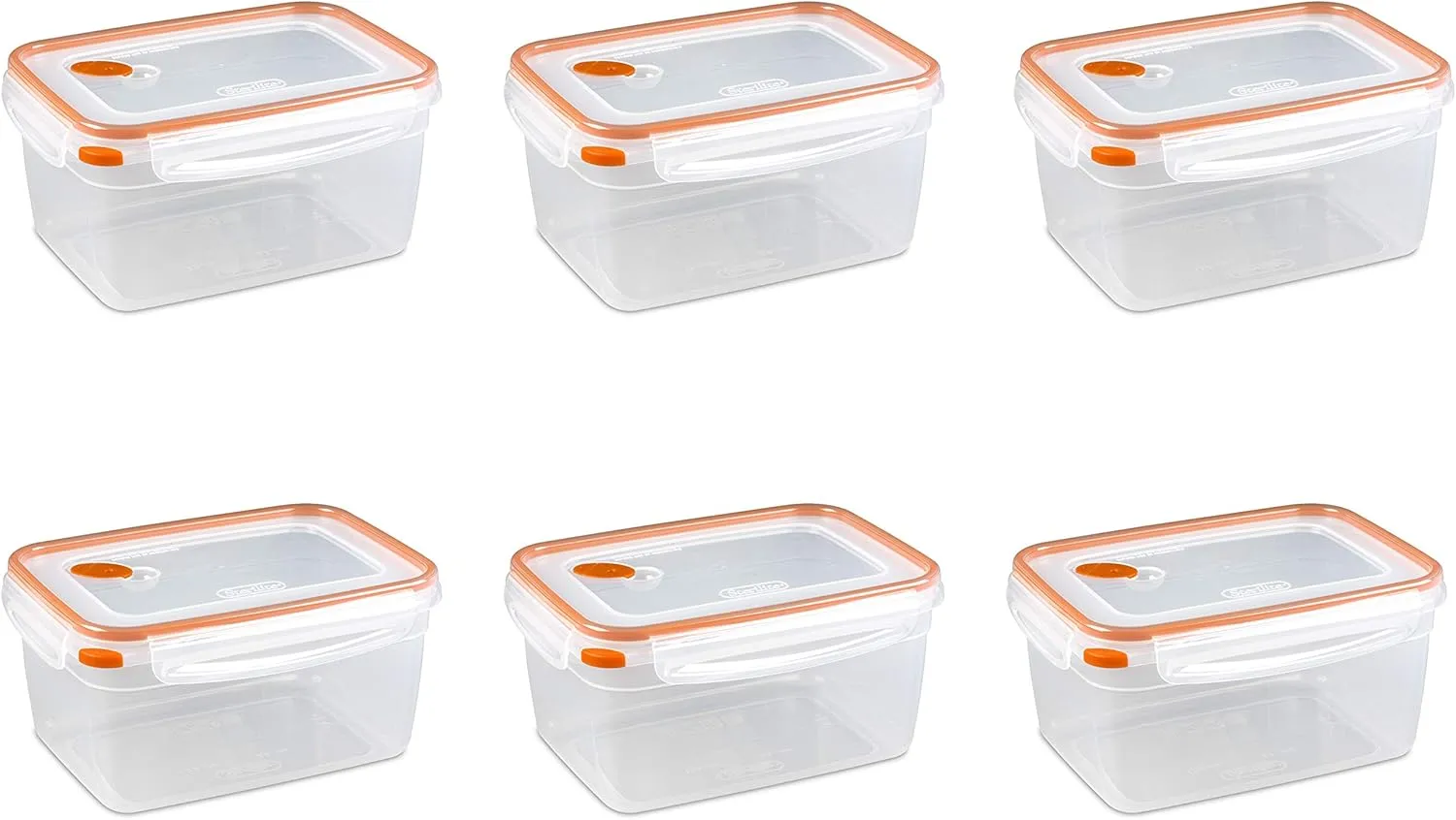 Sterilite Ultra-Seal 12 Cup Rectangle, Airtight Food Storage Container, Latching Lid, Microwave and Dishwasher Safe, Clear With Orange Gasket, 6-Pack