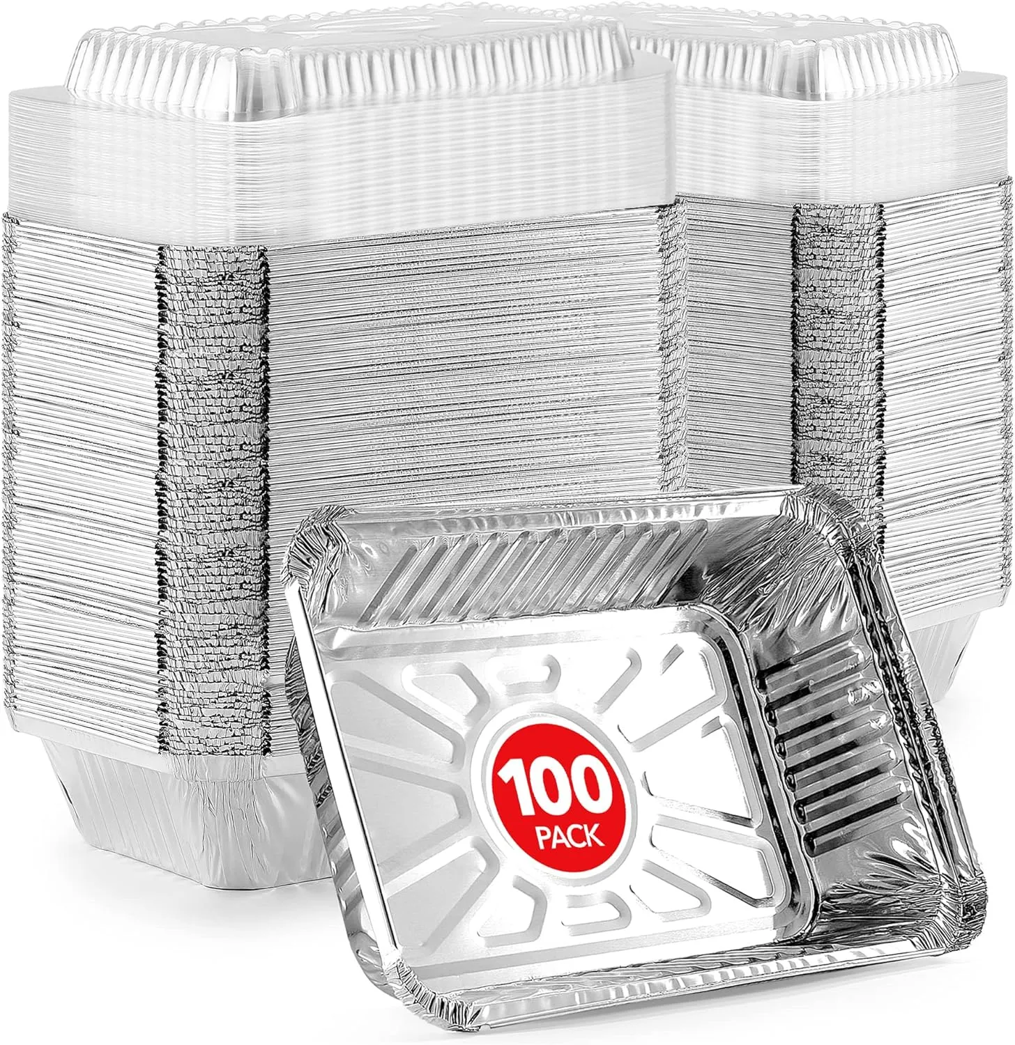 Stock Your Home 2 Lb Small Aluminum Pans with Lids (100 Pack) Foil Pan   Clear Plastic Lid, Disposable Cookware, Takeout Trays with Lids - To Go Disposable Food Containers for Restaurants & Catering