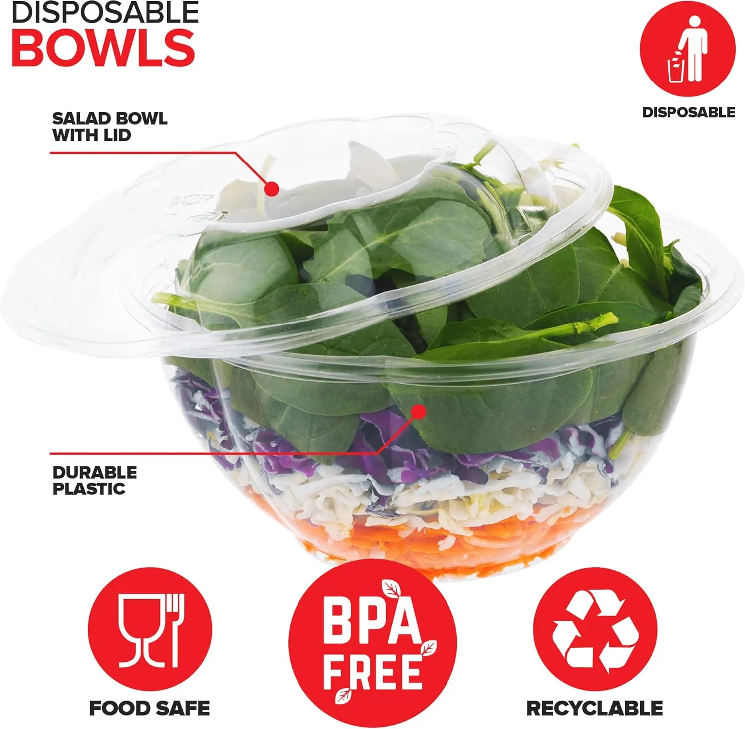 Stock Your Home 32oz Clear Plastic Salad Bowls with Lids Disposable (50 Pack) Medium Takeout Container with Snap on Lid for Fruit Salads, Quinoa, Lunch and Meal Prep, Acai Bowl, To-Go Party Containers