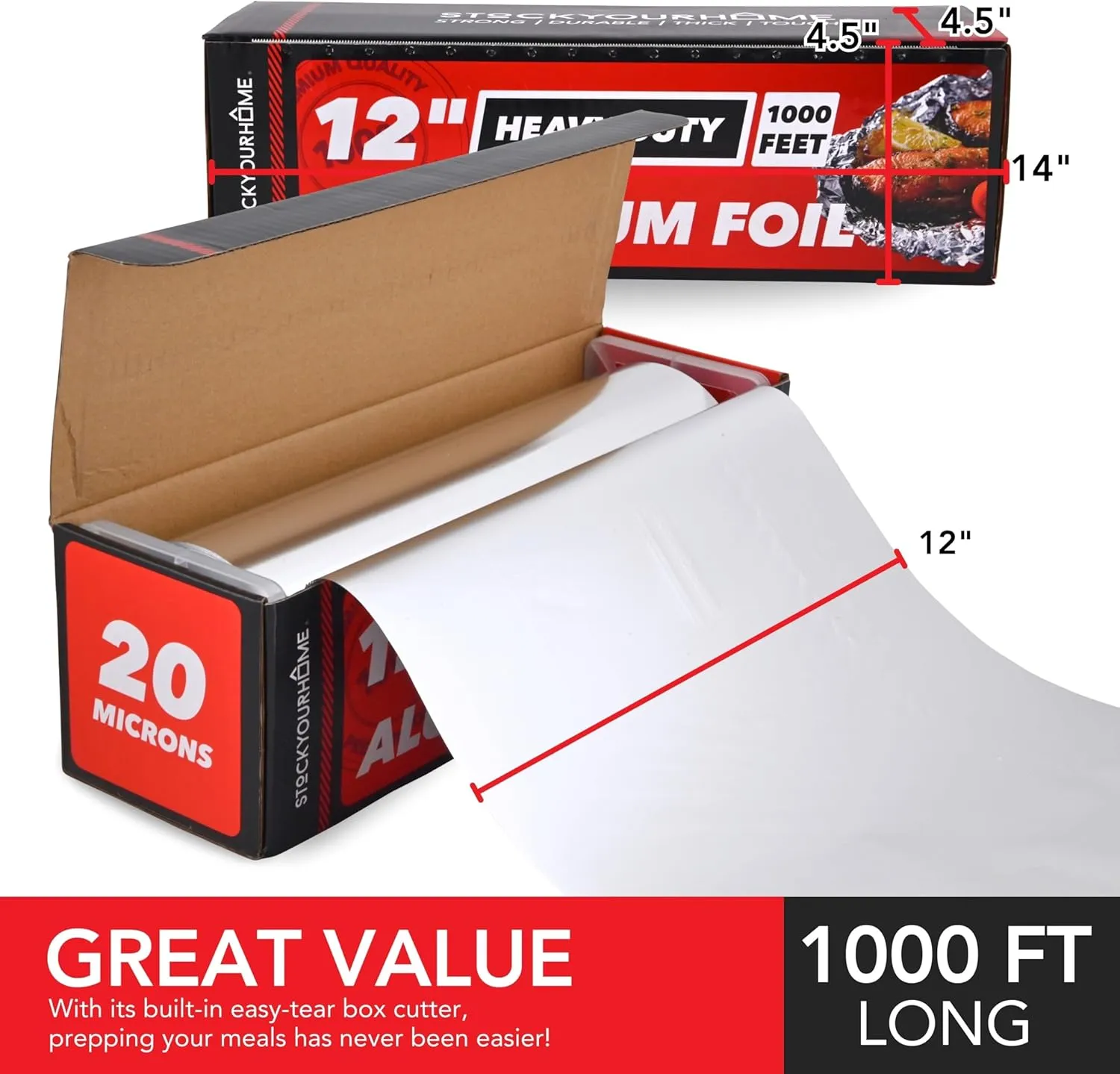 Stock Your Home Heavy Duty Aluminum Foil Roll, 1000 FT x 12 Inches Wide Non Stick Aluminum Foil Heavy Duty Rolls, Heavy Duty Foil with Easy Tear Dispenser, Premium Tinfoil Roll to Wrap & Store Food
