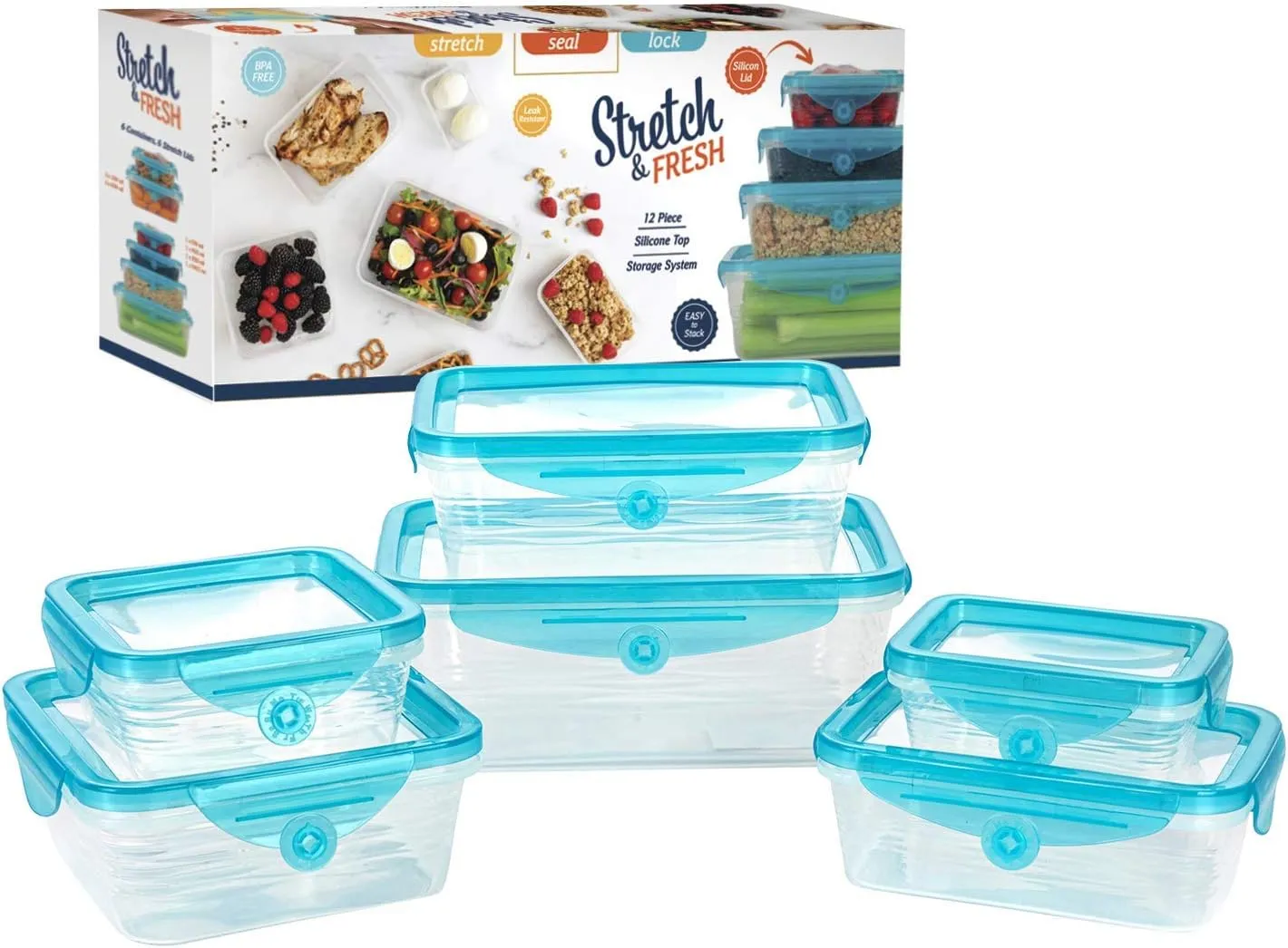 Stretch and Fresh Leak-Proof Food Container Set Stackable, BPA-Free Silicone w/Airtight Lids for Solids, Soups and Sauces, Freezer-Safe Great for Meal Preparation