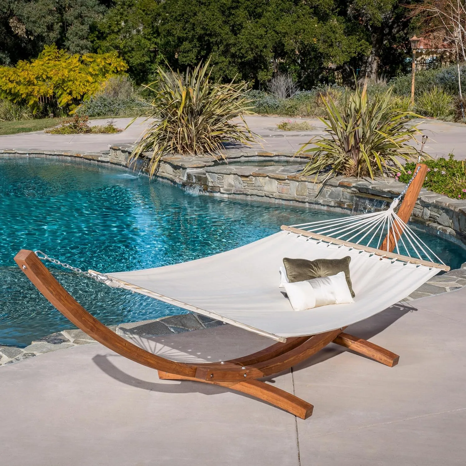 Stylish Outdoor Hammock for Relaxation and Comfort, Durable Wood Frame and Soft Cotton Fabric, Backyards and Patios