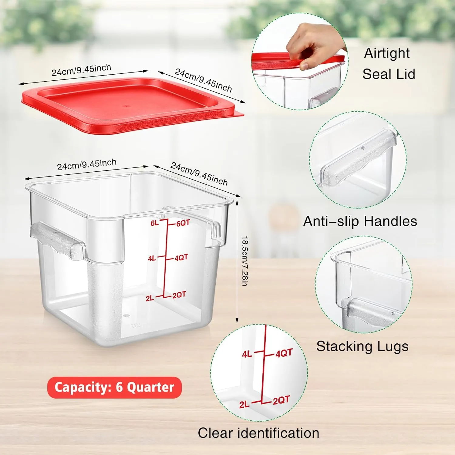 Suclain 2 Pcs Square Food Storage Container Polycarbonate Clear Food Container with Red Lid Commercial Rice Storage with Red Graduations for Commercial Kitchen(7.28 x 9.45 inches)