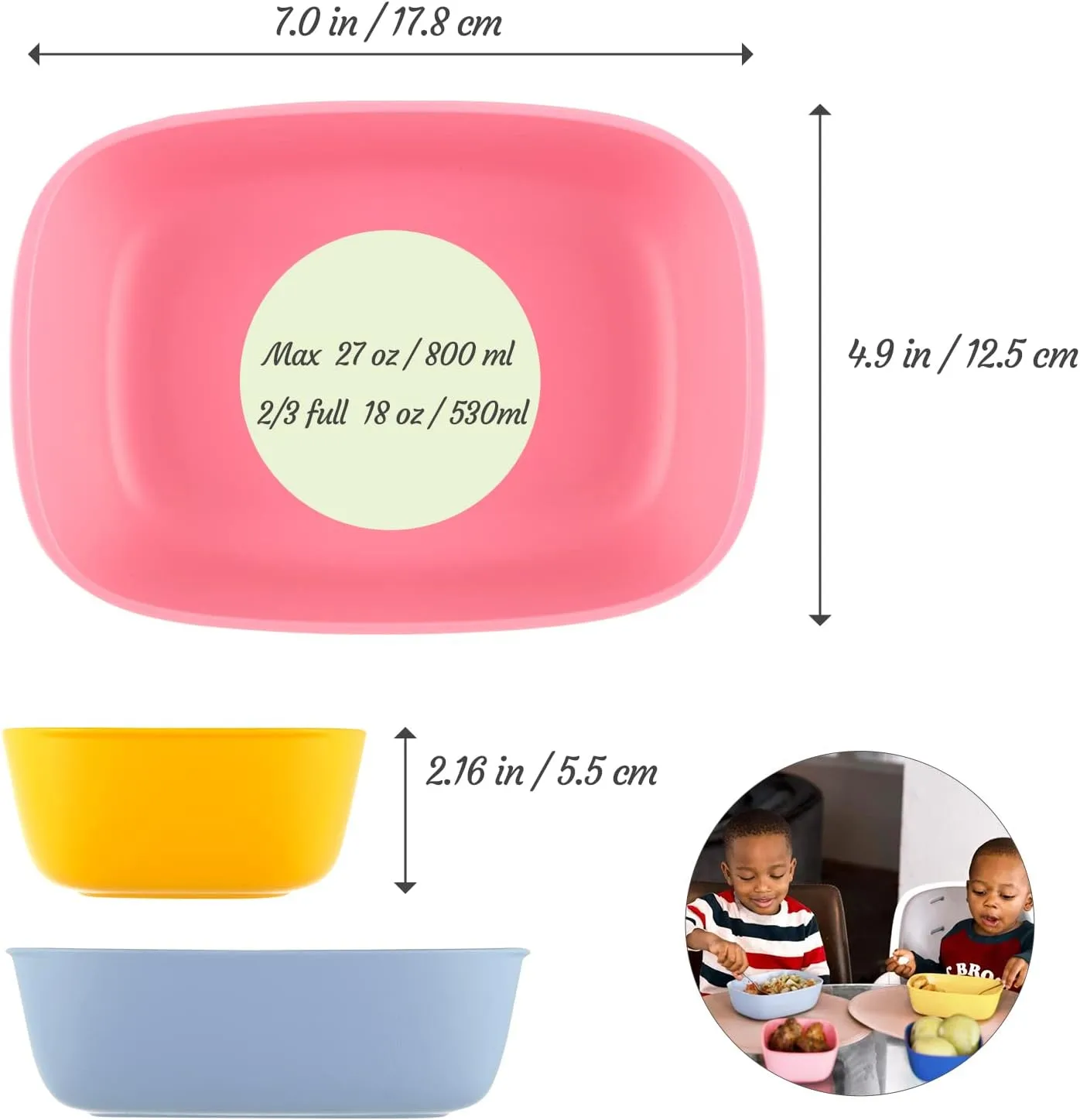 Sugarcane Kids Bowls 3Pack (27oz) - Natural Plastic Dishes for Toddler to Big Kids - Fried Rice & Noodles – Microwaves & Dishwasher Safe – BPA Free, Unbreakable, Reusable - Blue