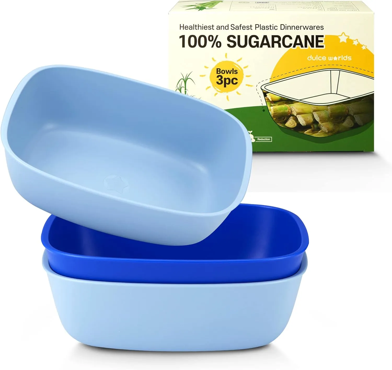 Sugarcane Kids Bowls 3Pack (27oz) - Natural Plastic Dishes for Toddler to Big Kids - Fried Rice & Noodles – Microwaves & Dishwasher Safe – BPA Free, Unbreakable, Reusable - Blue