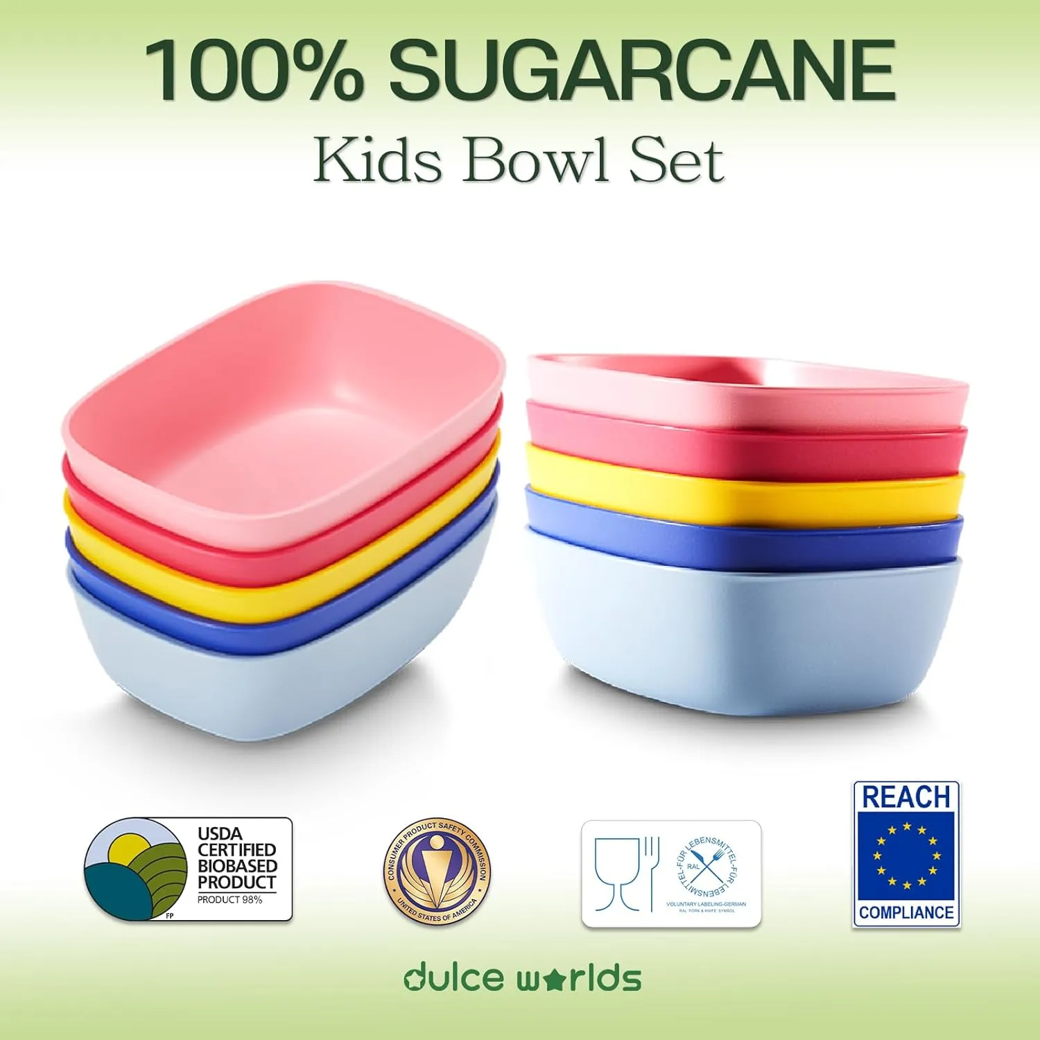 Sugarcane Kids Bowls 3Pack (27oz) - Natural Plastic Dishes for Toddler to Big Kids - Fried Rice & Noodles – Microwaves & Dishwasher Safe – BPA Free, Unbreakable, Reusable - Blue