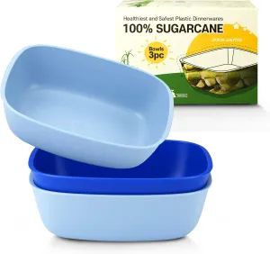 Sugarcane Kids Bowls 3Pack (27oz) - Natural Plastic Dishes for Toddler to Big Kids - Fried Rice & Noodles – Microwaves & Dishwasher Safe – BPA Free, Unbreakable, Reusable - Blue