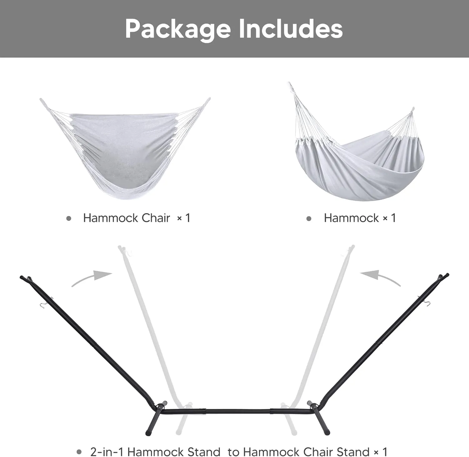 SUNCREAT 2-in-1 Convertible Extra Large Hammocks with Stand, Heavy Duty 2 Person Hammock for Outside with Stand, Patent Pending, Light Gray