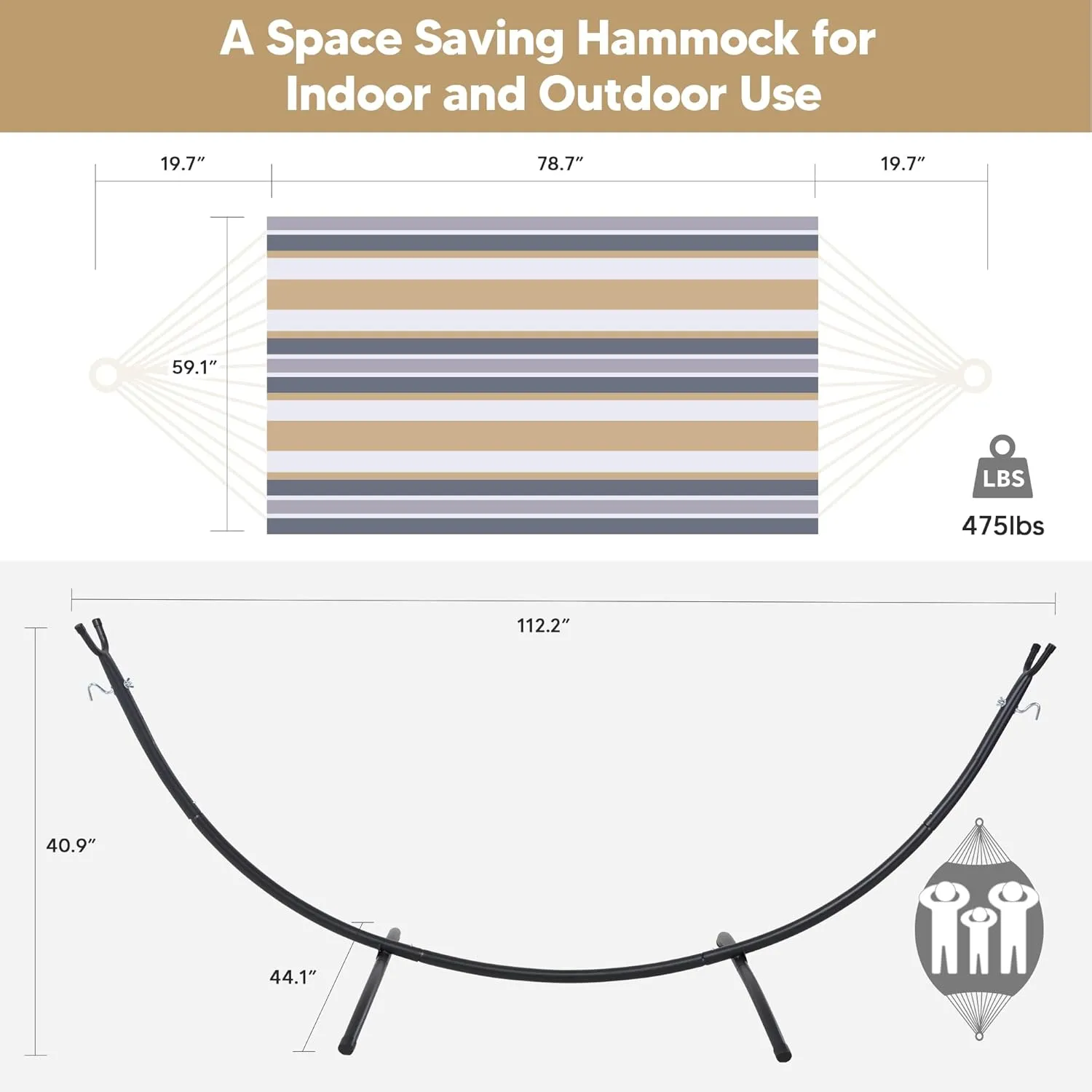 SUNCREAT 2 Person Hammock with Stand, Heavy Duty Free Standing Hammock with Stand Included, Coffee Stripes