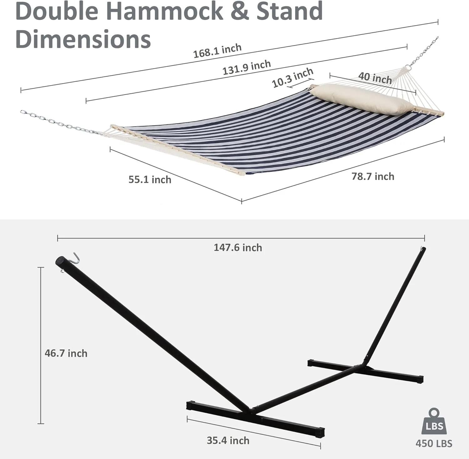 SUNCREAT Double Hammock with Stand Included, Outdoor Portable Hammock with Stand, Blue