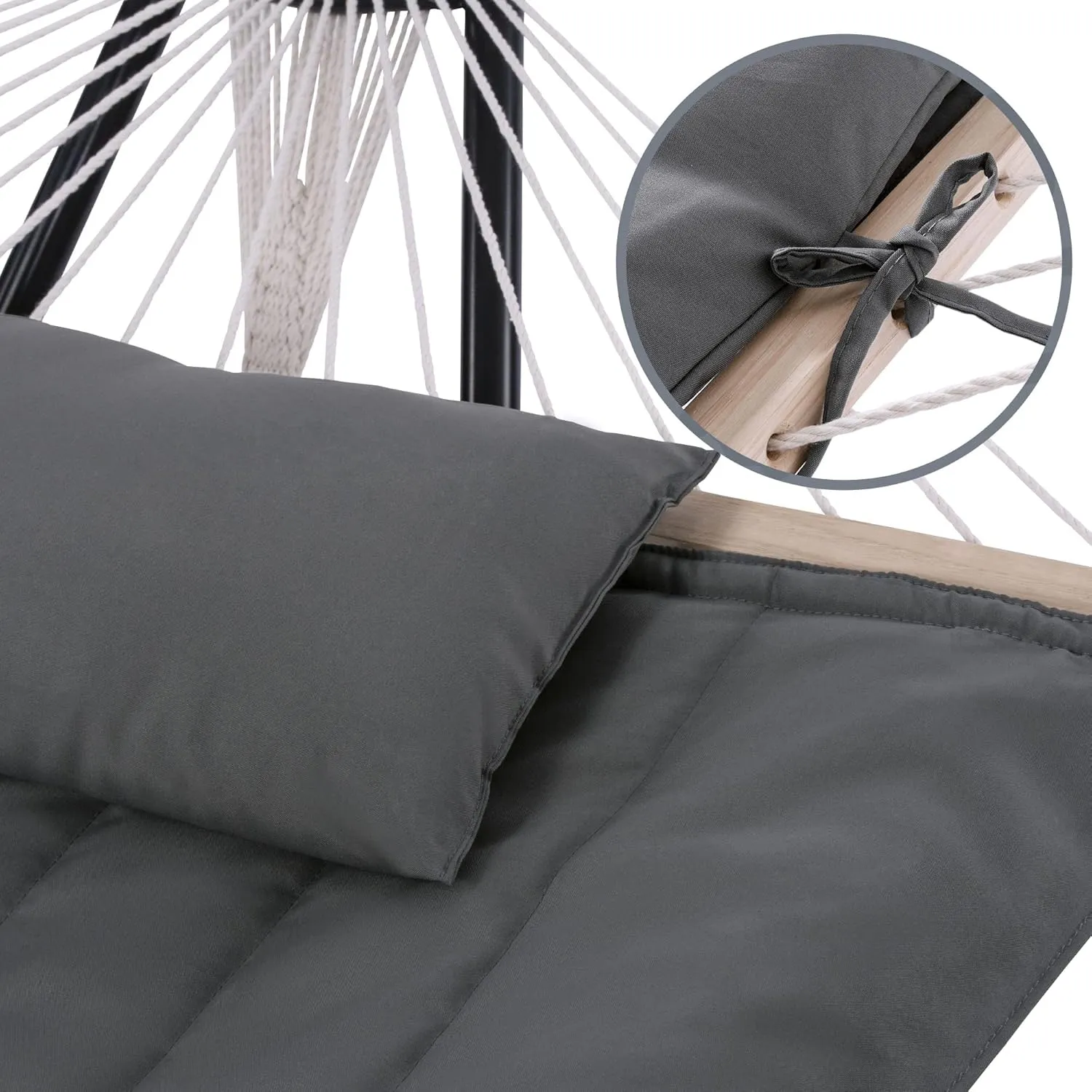 SUNCREAT Hammocks 2 Person Hammock with Hardwood Spreader Bar, Double Rope Hammock with Polyester Pad, Dark Gray