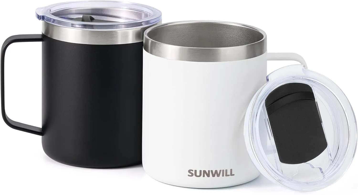 SUNWILL Travel Coffee Mug with Lid, Insulated Tumbler with Handle, 14 oz Stainless Steel Cup Set of 2 for Camping, Outdoor, Powder Coated Black & White