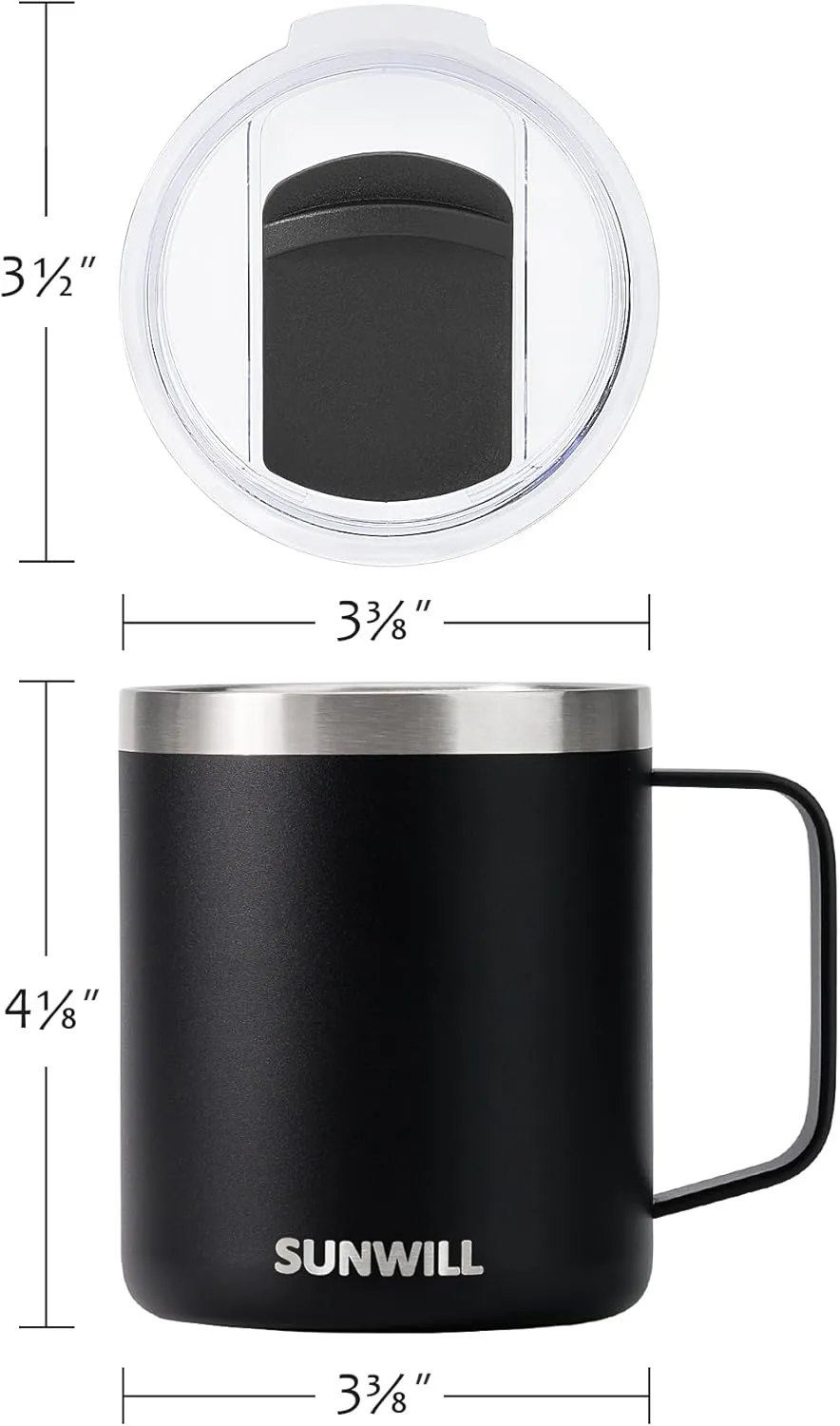 SUNWILL Travel Coffee Mug with Lid, Insulated Tumbler with Handle, 14 oz Stainless Steel Cup Set of 2 for Camping, Outdoor, Powder Coated Black & White