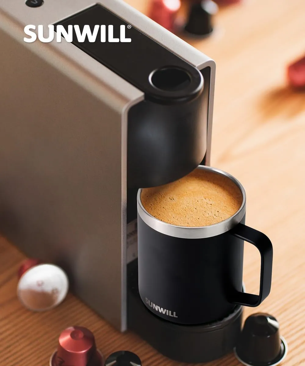 SUNWILL Travel Coffee Mug with Lid, Insulated Tumbler with Handle, 14 oz Stainless Steel Cup Set of 2 for Camping, Outdoor, Powder Coated Black & White