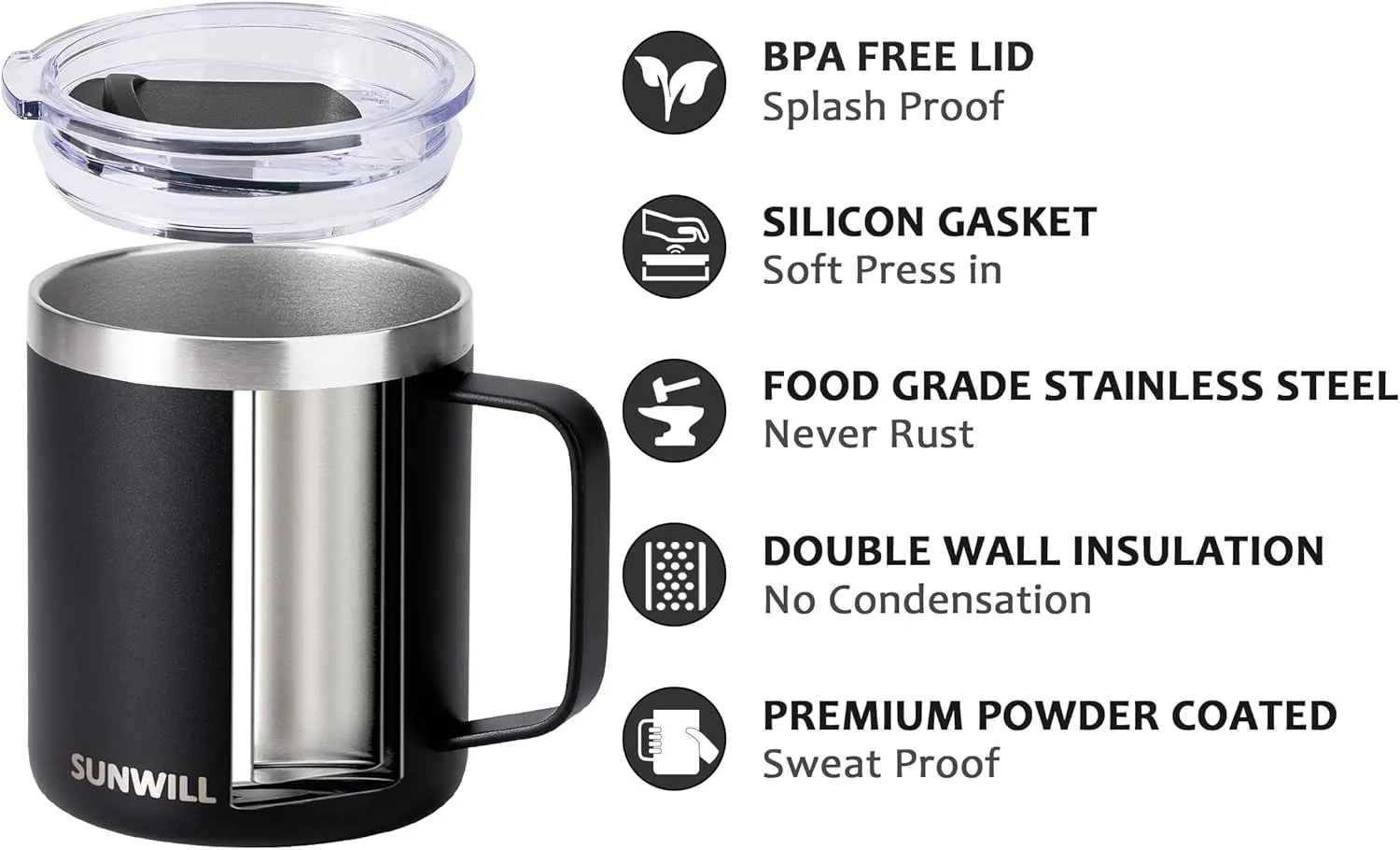 SUNWILL Travel Coffee Mug with Lid, Insulated Tumbler with Handle, 14 oz Stainless Steel Cup Set of 2 for Camping, Outdoor, Powder Coated Black & White