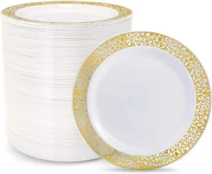 Supernal 100pcs White Plastic Dinner Plates, 10.25" Gold Lace Plates for Weddings & Parties