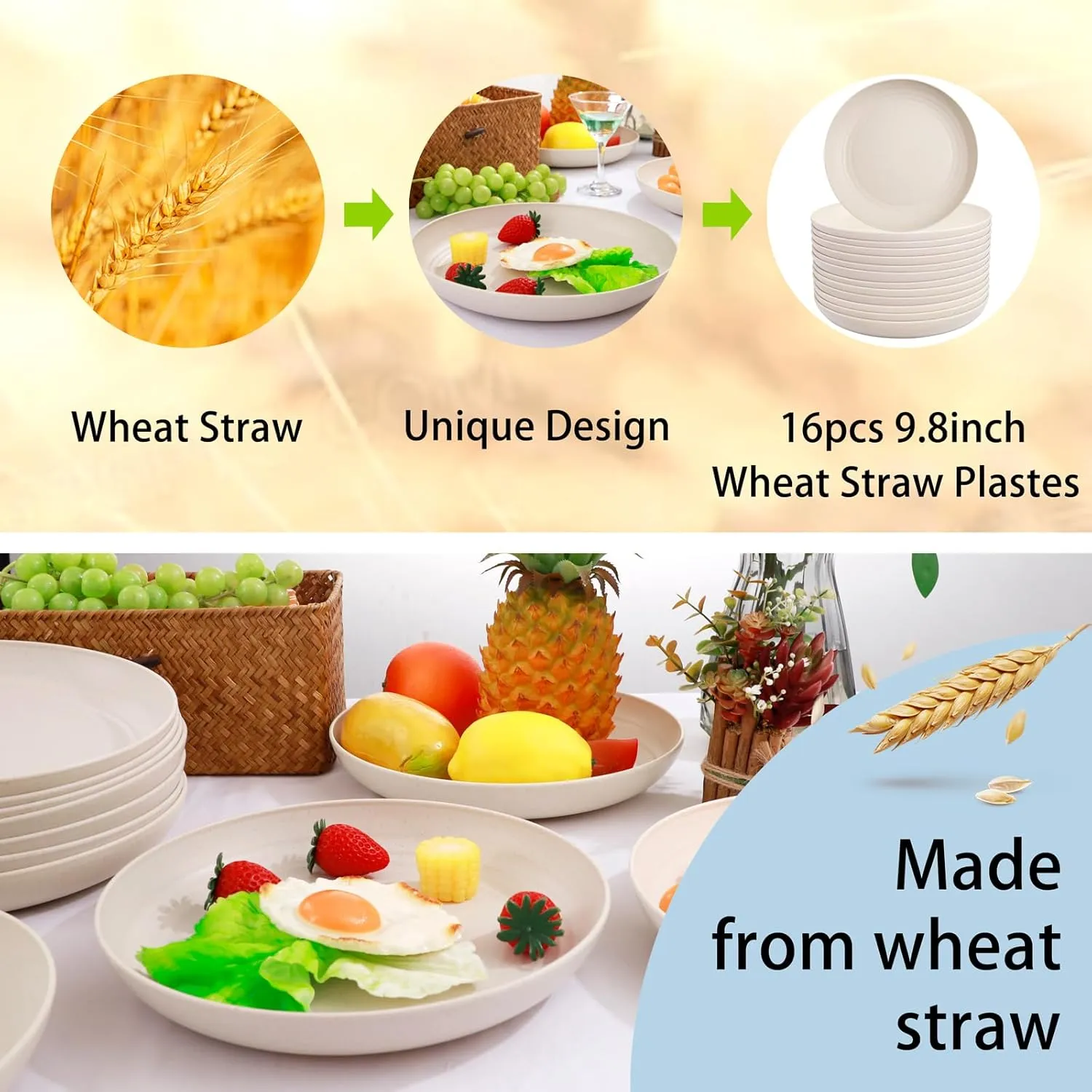 Supernal 16pcs Wheat Straw Plates,Unbreakable Dinner Plates Set,Microwave Dishwasher Safe,Lightweight Wheat Straw Plates,Party Plates Set,Beige Reusable Plates for Picnic,Birthday,Camping