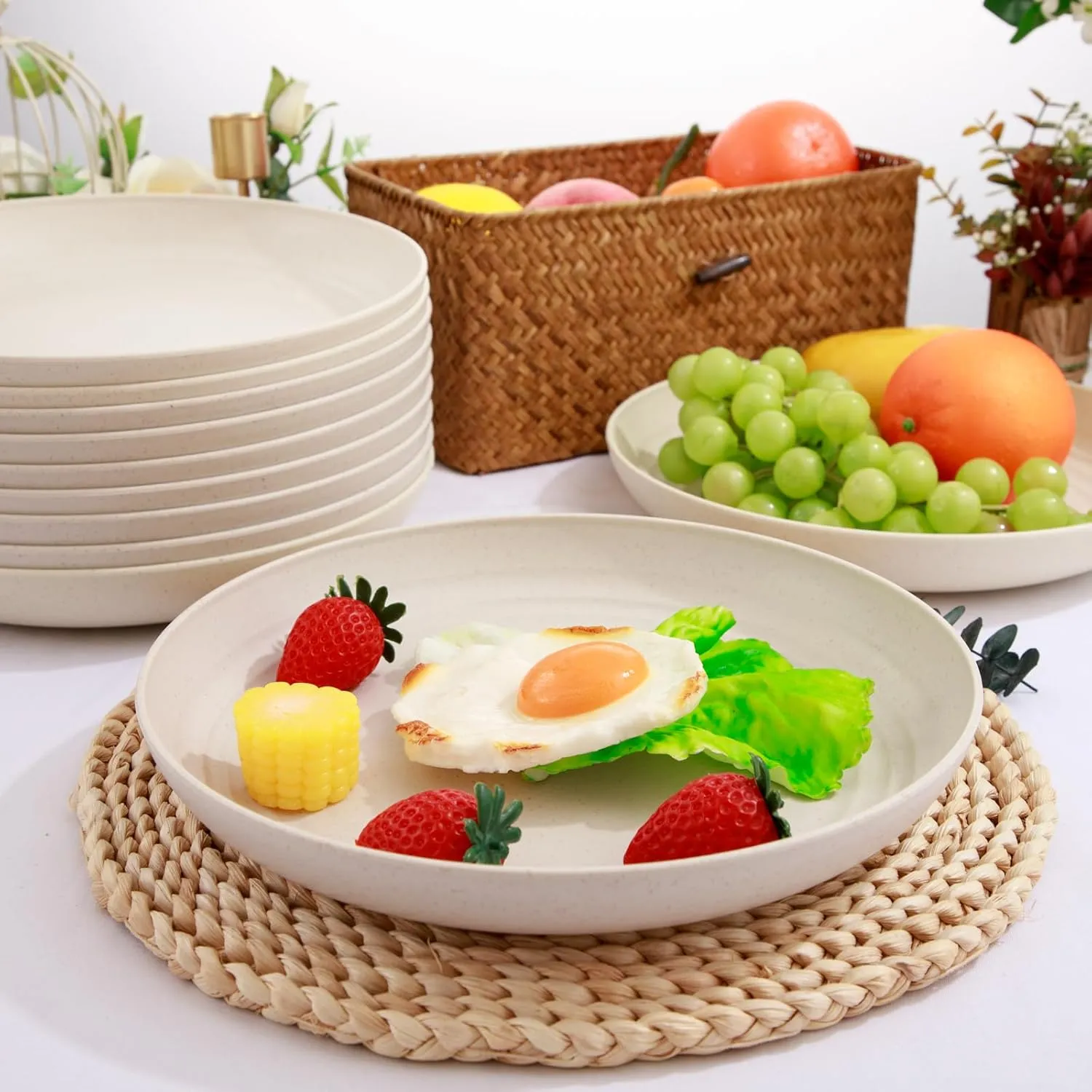 Supernal 16pcs Wheat Straw Plates,Unbreakable Dinner Plates Set,Microwave Dishwasher Safe,Lightweight Wheat Straw Plates,Party Plates Set,Beige Reusable Plates for Picnic,Birthday,Camping