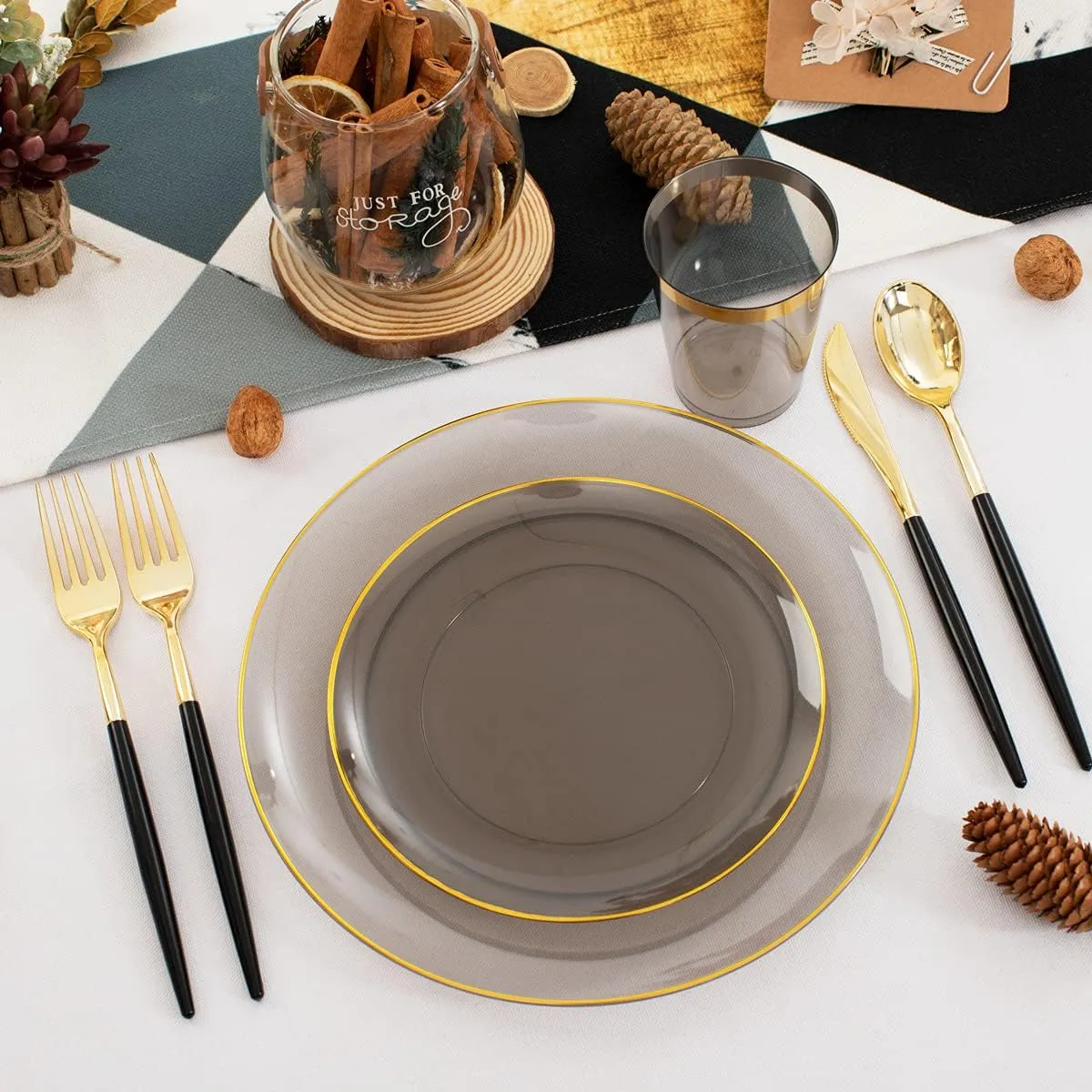 Supernal 180pcs Black Plastic Dinnerware Set, Clear Plates with Gold Rim,Gold Silverware,Black Clear Gold Cups for Christmas, Thanksgiving, Halloween