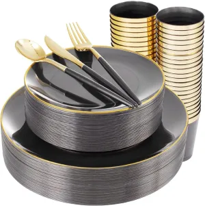 Supernal 180pcs Black Plastic Dinnerware Set, Clear Plates with Gold Rim,Gold Silverware,Black Clear Gold Cups for Christmas, Thanksgiving, Halloween