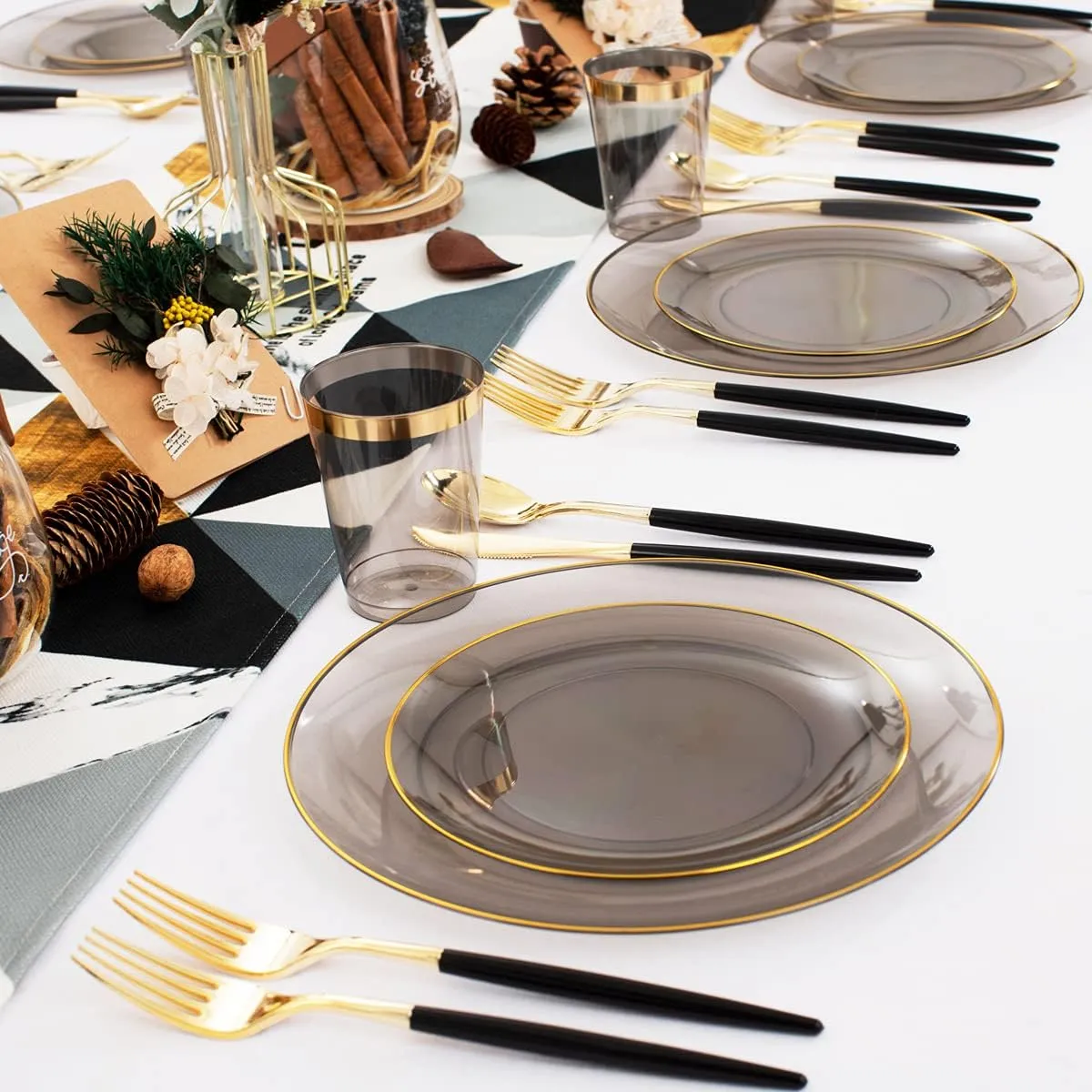 Supernal 180pcs Black Plastic Dinnerware Set, Clear Plates with Gold Rim,Gold Silverware,Black Clear Gold Cups for Christmas, Thanksgiving, Halloween