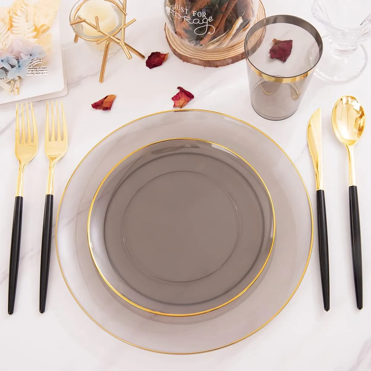Supernal 180pcs Black Plastic Dinnerware Set, Clear Plates with Gold Rim,Gold Silverware,Black Clear Gold Cups for Christmas, Thanksgiving, Halloween