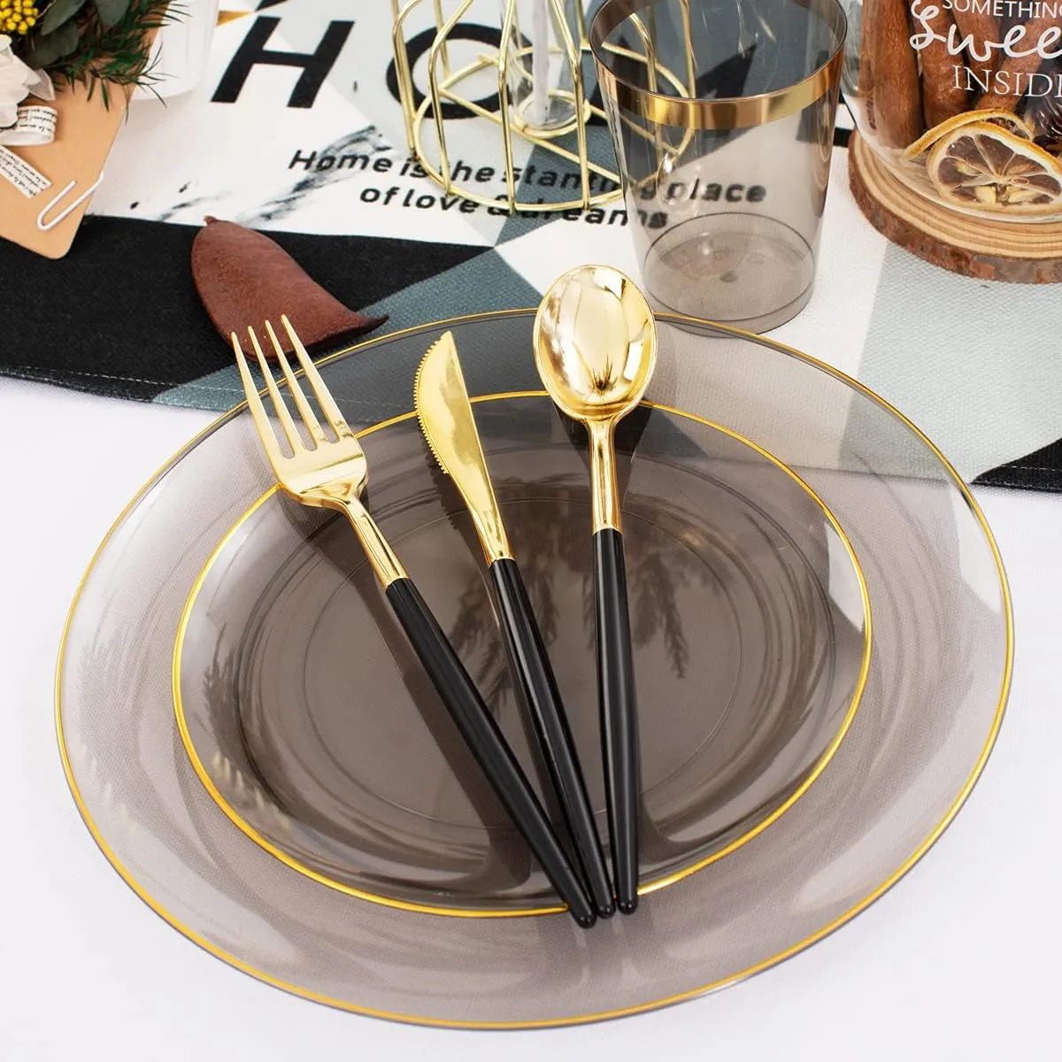 Supernal 180pcs Black Plastic Dinnerware Set, Clear Plates with Gold Rim,Gold Silverware,Black Clear Gold Cups for Christmas, Thanksgiving, Halloween