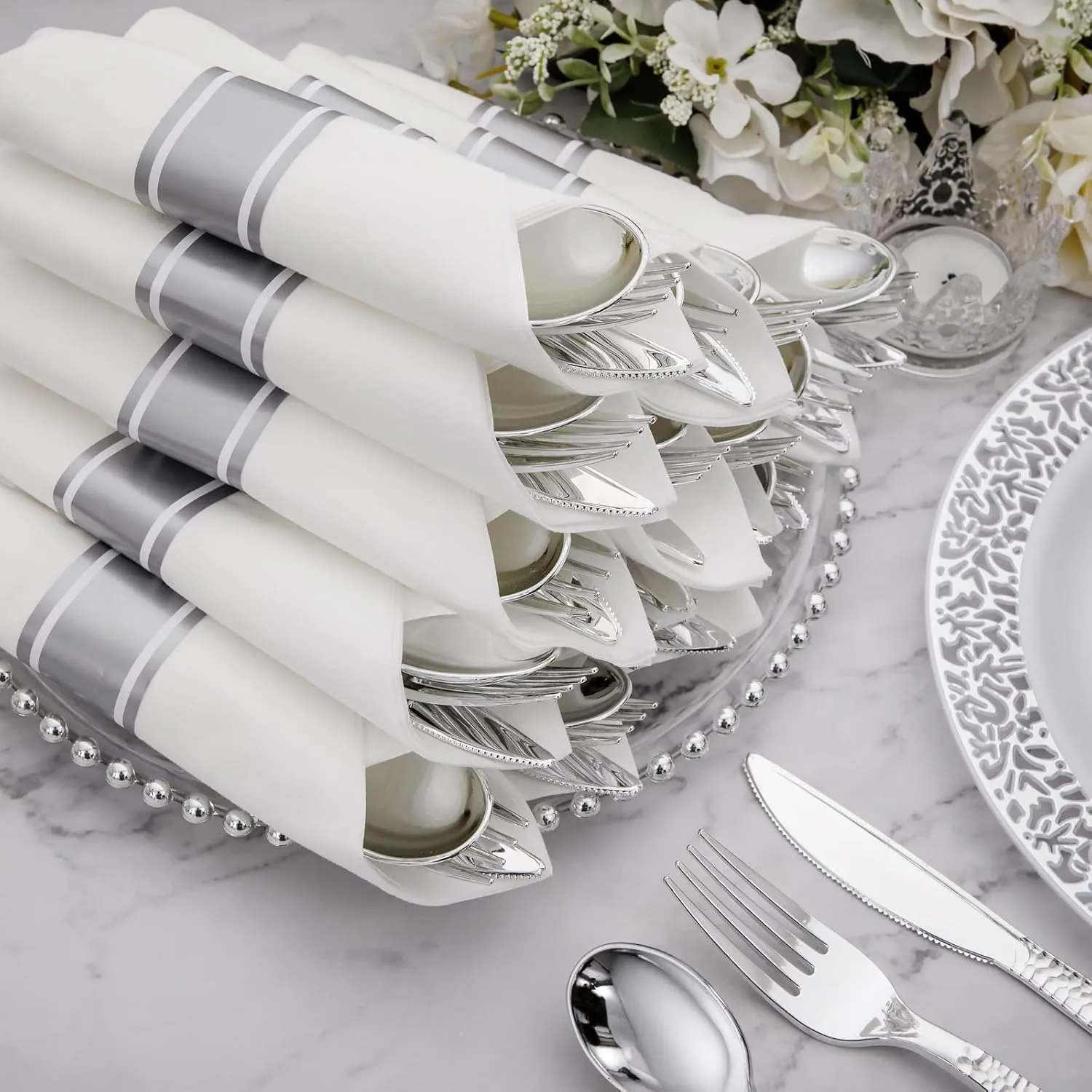 Supernal 60 Pack Pre-Rolled Napkins with Silver Plastic Utensils,Heavy Duty Wrapped Cutlery,Silver Plastic Silverware, Forks and Spoons,Premium Disposable Silverware Sets for Any Occasion