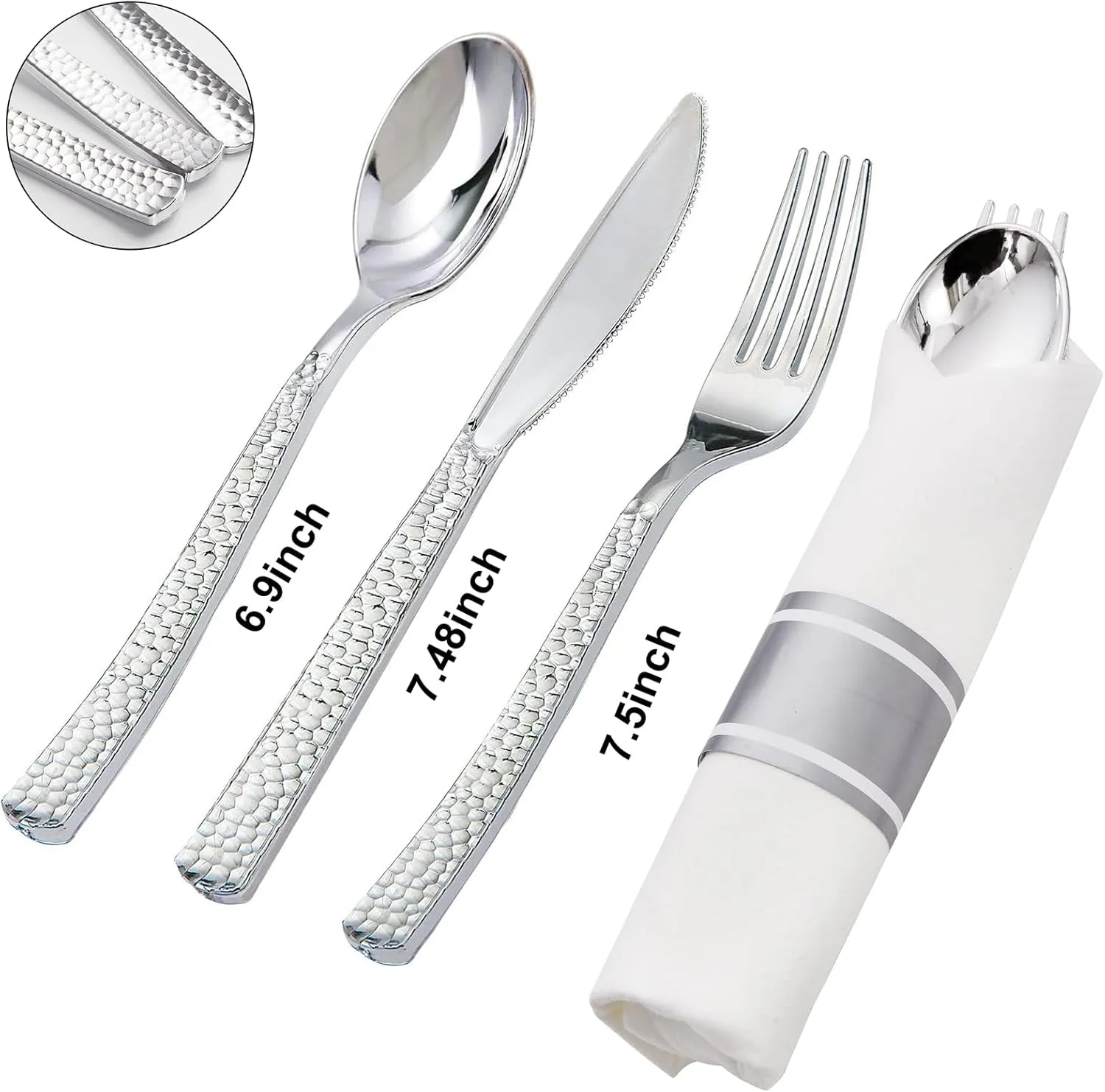 Supernal 60 Pack Pre-Rolled Napkins with Silver Plastic Utensils,Heavy Duty Wrapped Cutlery,Silver Plastic Silverware, Forks and Spoons,Premium Disposable Silverware Sets for Any Occasion